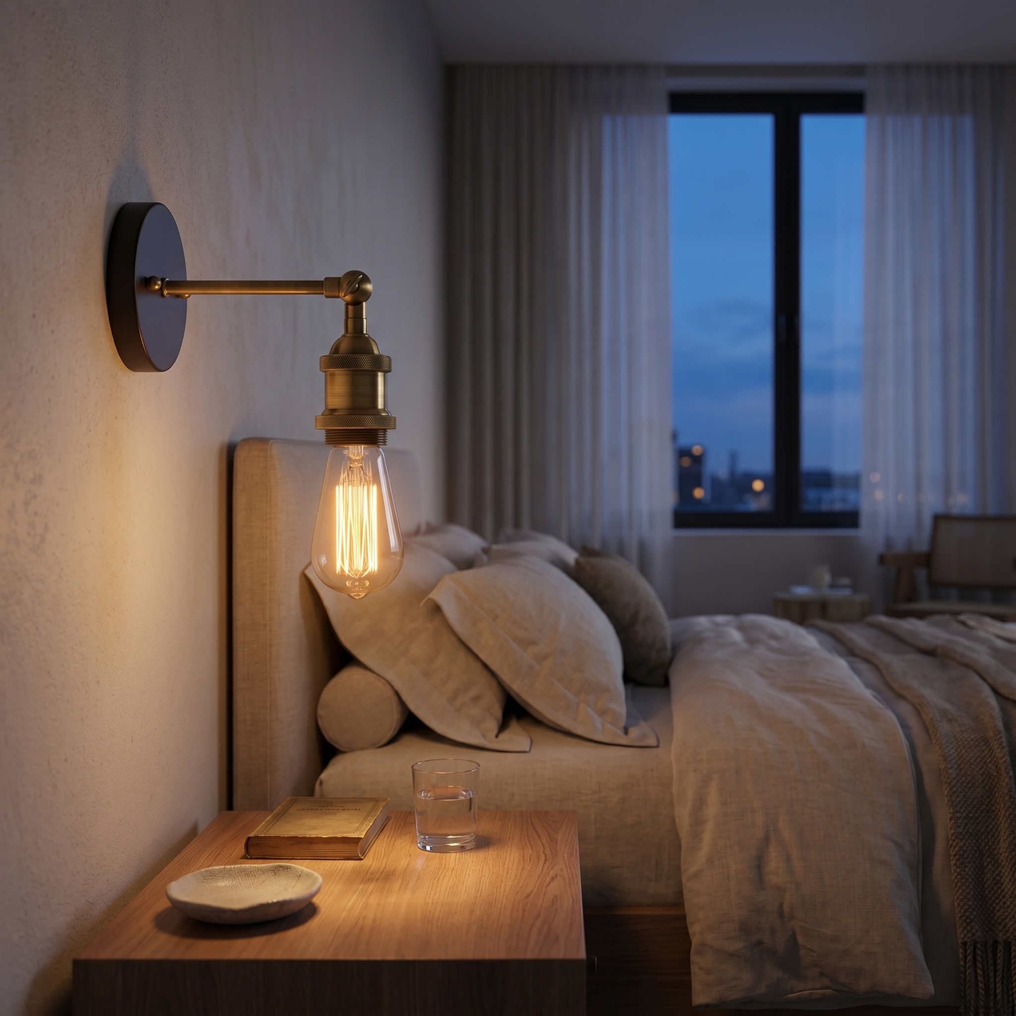Fiammetta Brass Edison Wall Sconce above a bedside nightstand at twilight