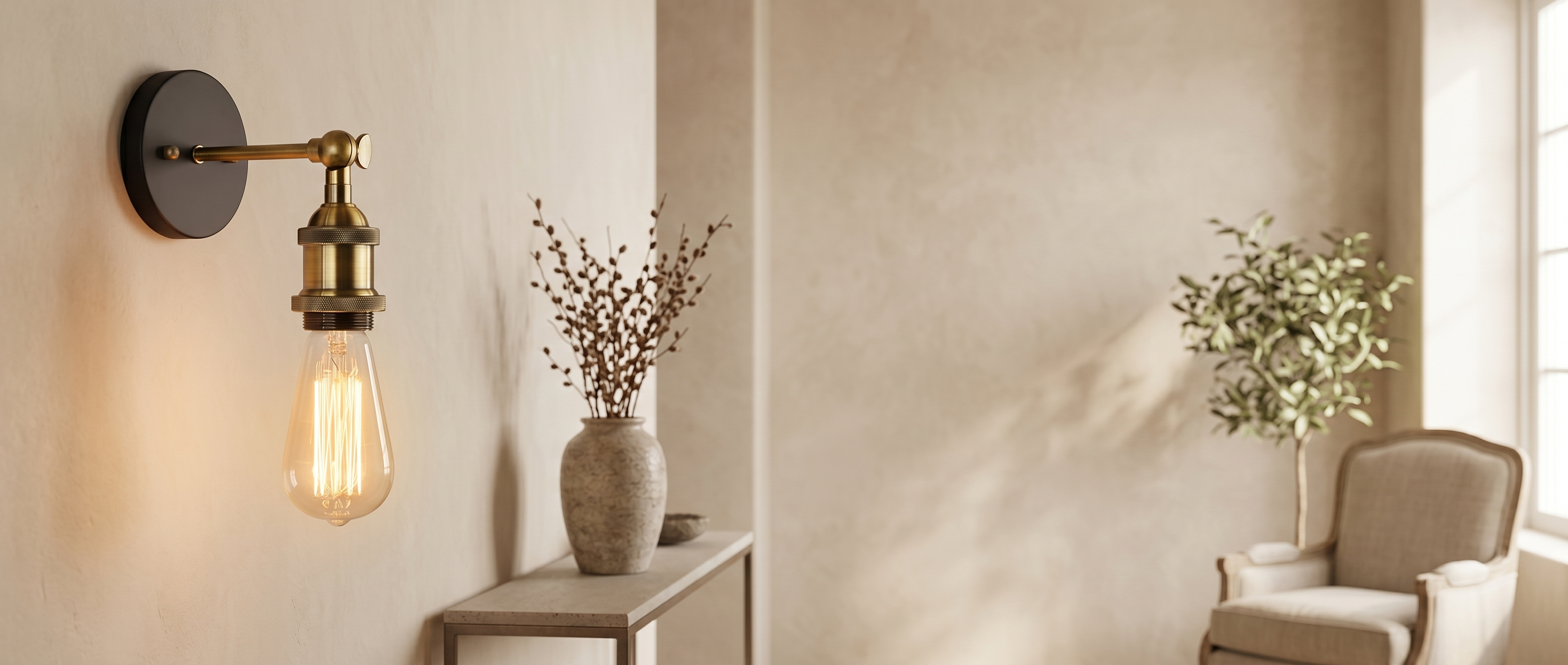 Fiammetta Brass Edison Wall Sconce in a warm interior banner