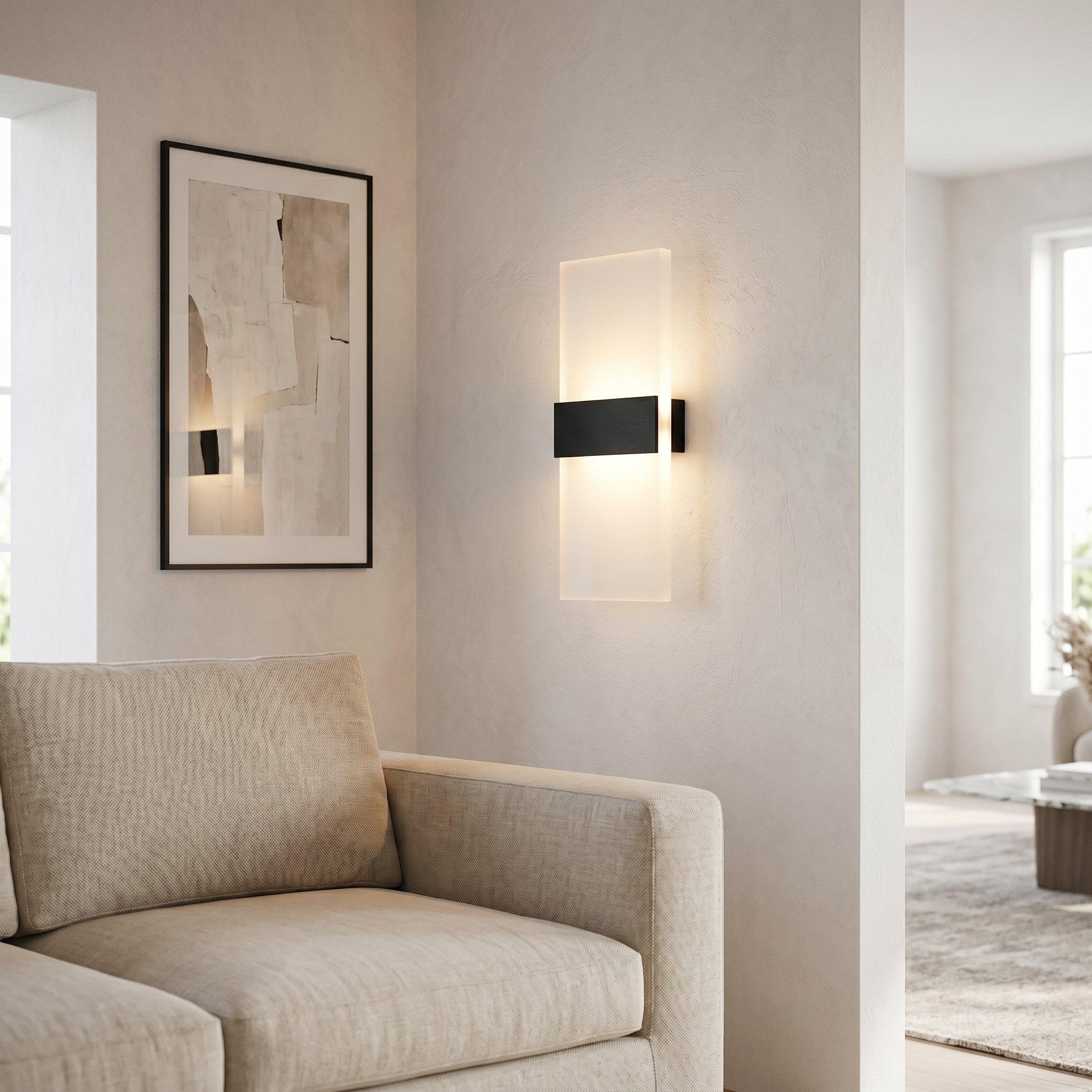 Velo Minimalist LED Wall Sconce black bar in a bright living room