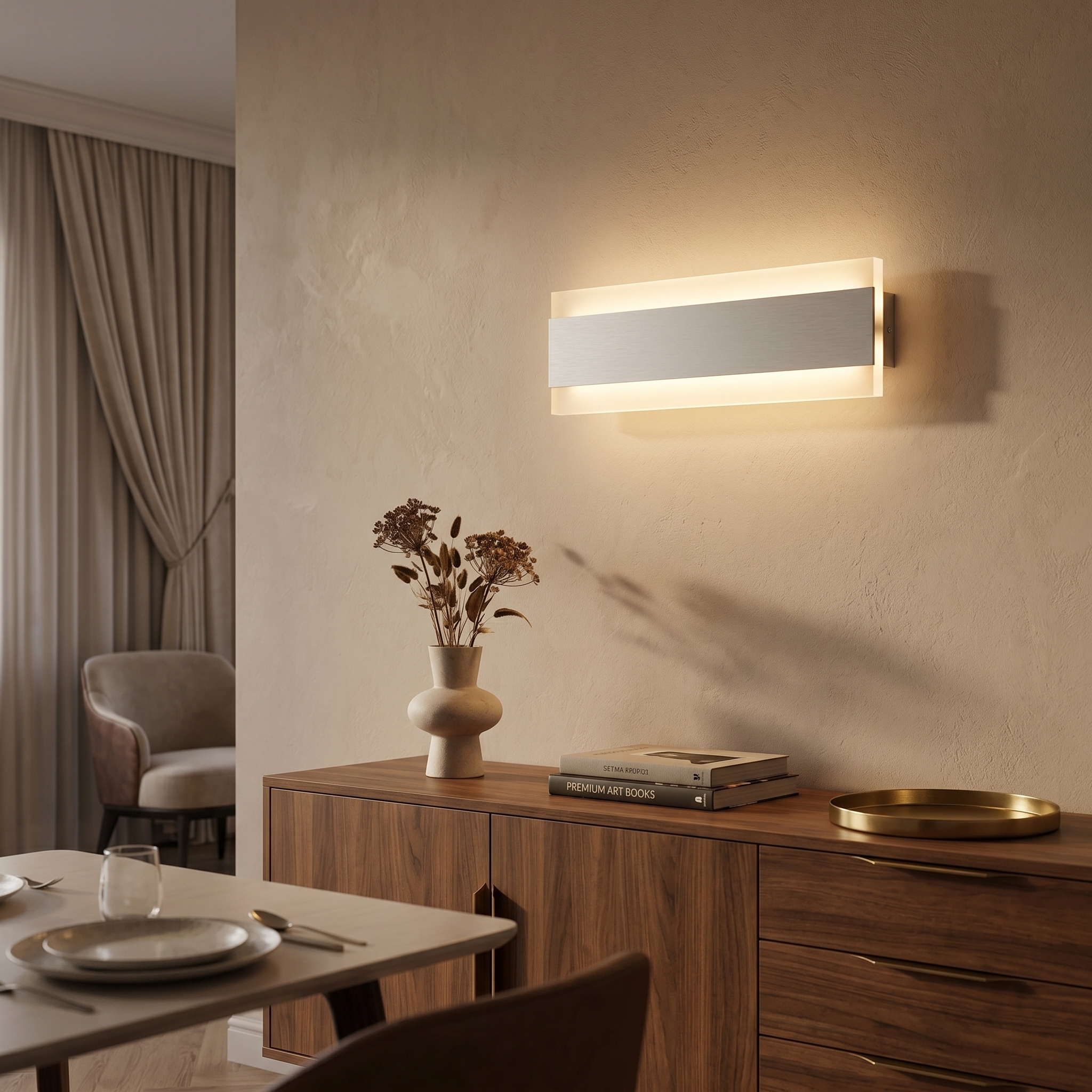 Velo Minimalist LED Wall Sconce white bar above a sideboard