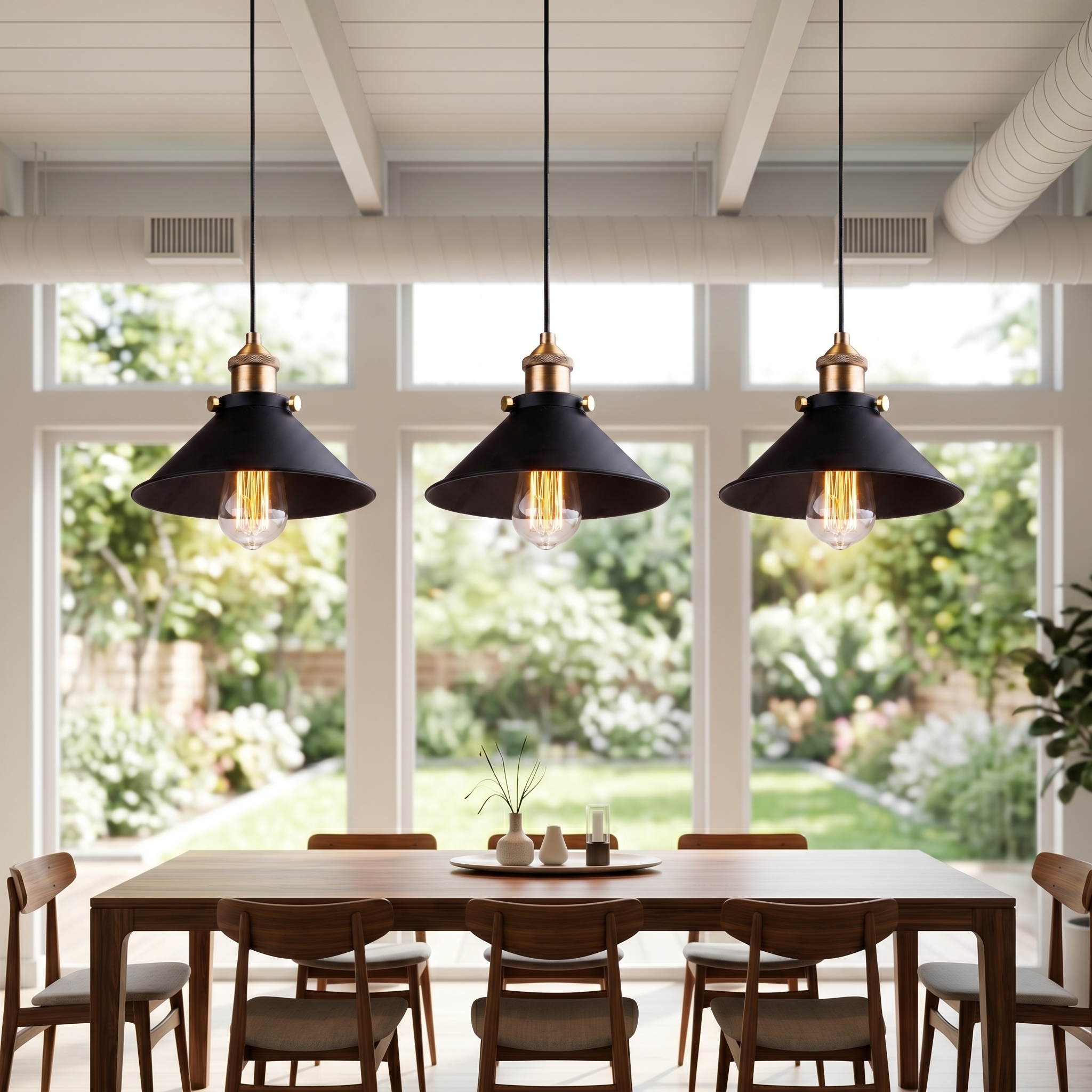 Campana Nordic Cone Pendant Light row above a dining table
