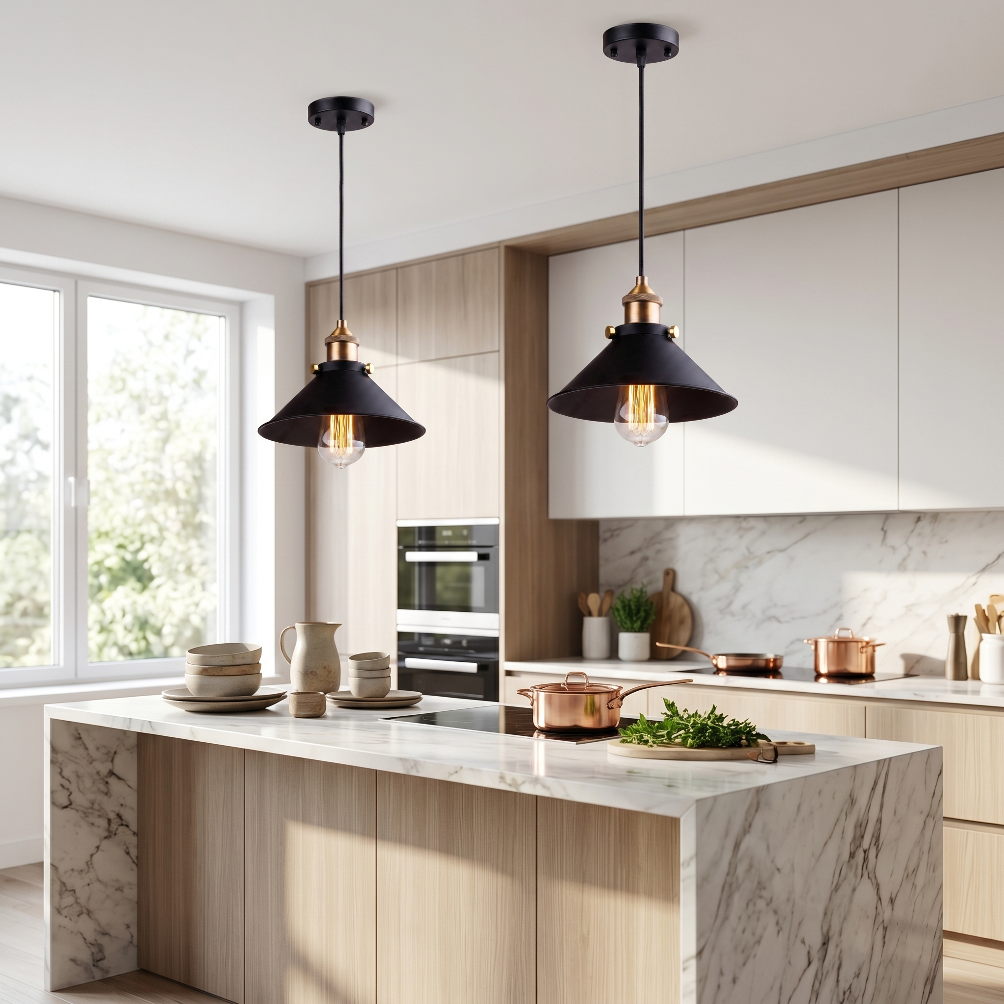 Campana Nordic Cone Pendant Lights above a kitchen island