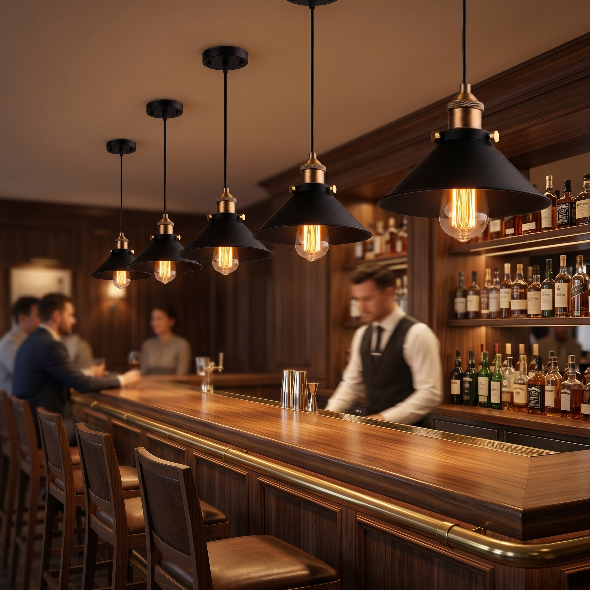Campana Nordic Cone Pendant Lights over a cozy bar counter