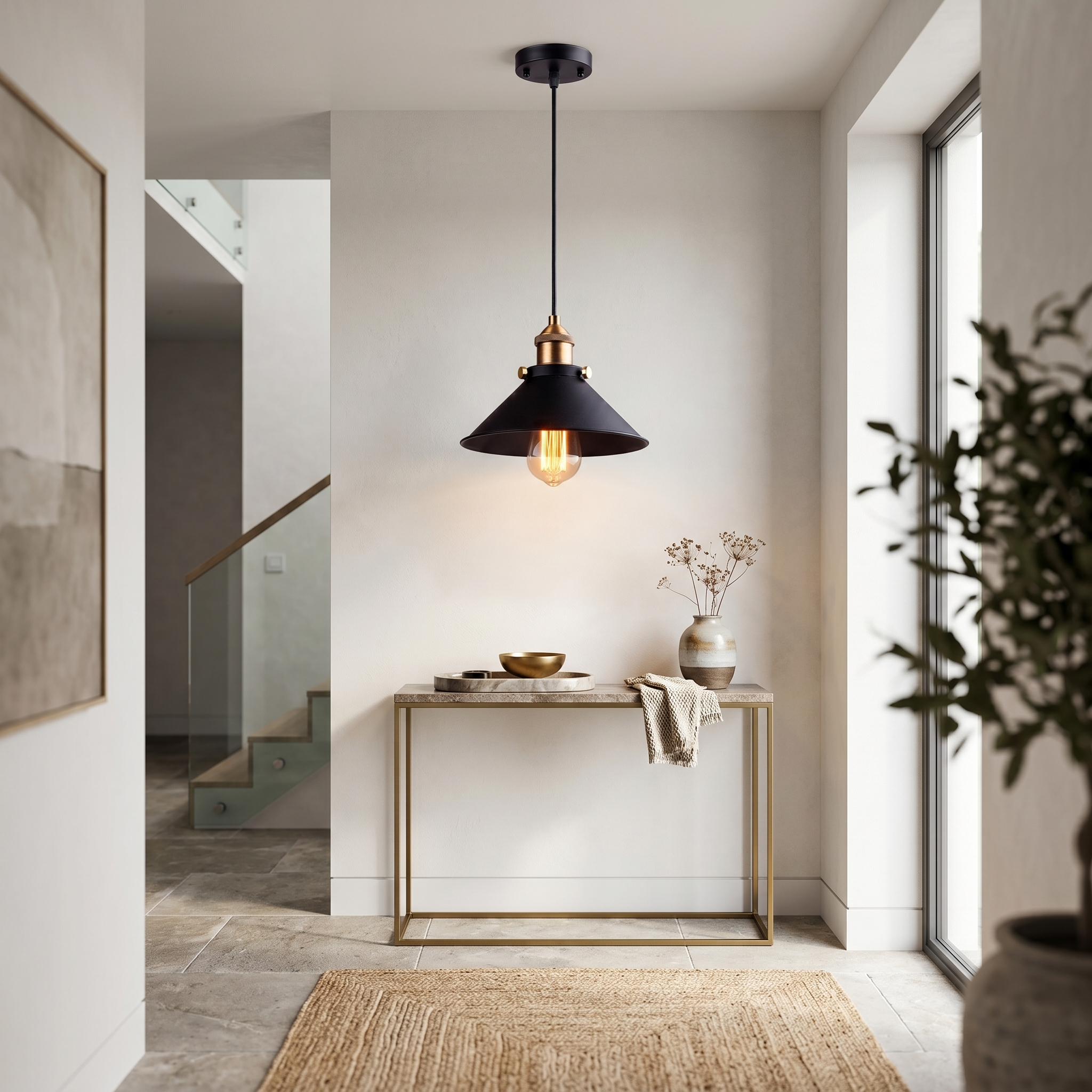 Campana Nordic Cone Pendant Light above an entryway console