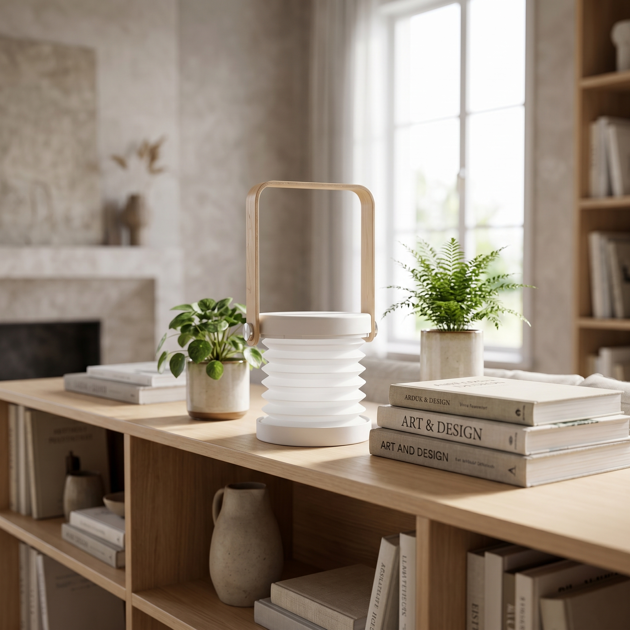 Luce Nomade folding lantern styled on a console shelf