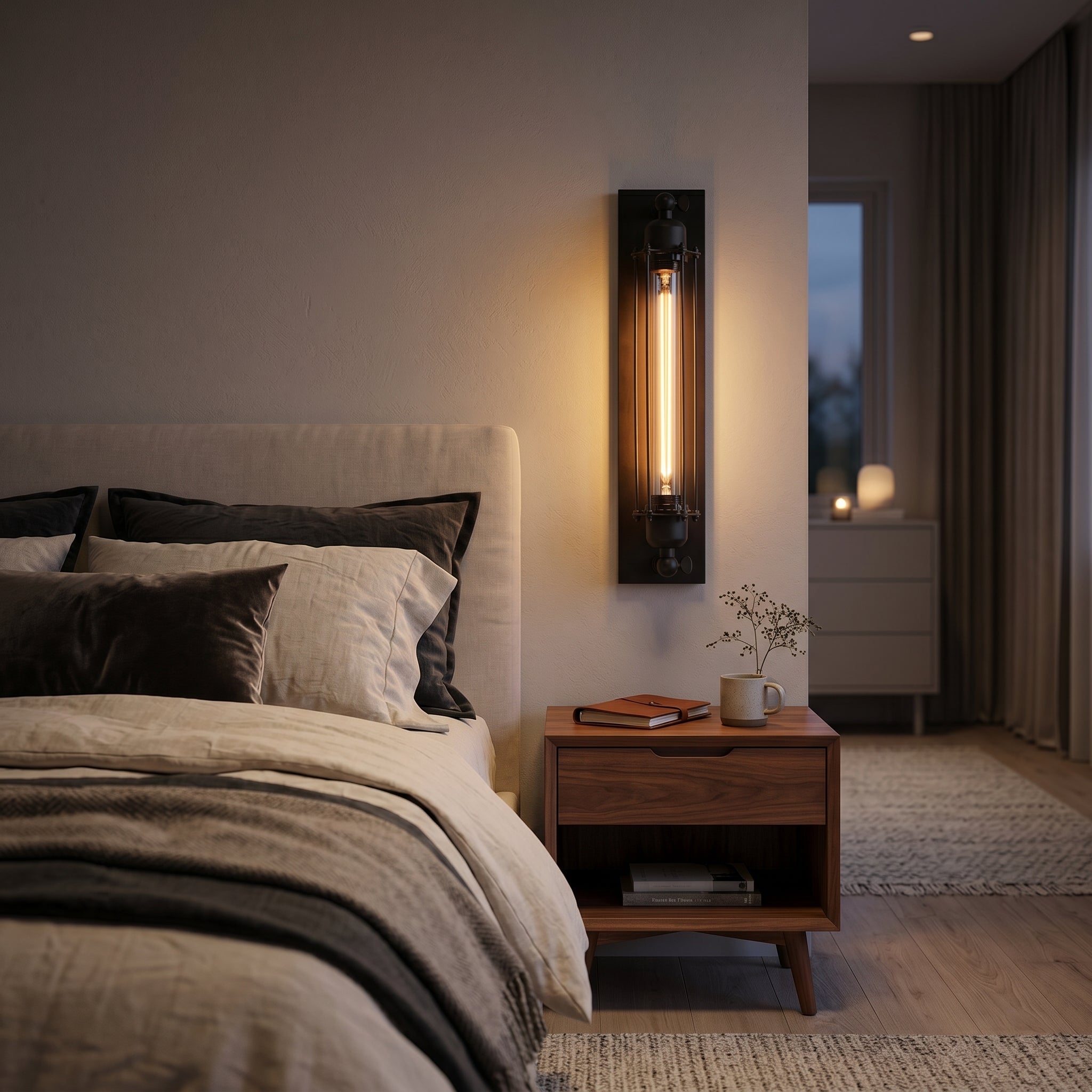 Ferro Antico Edison Wall Sconce beside a bed at night