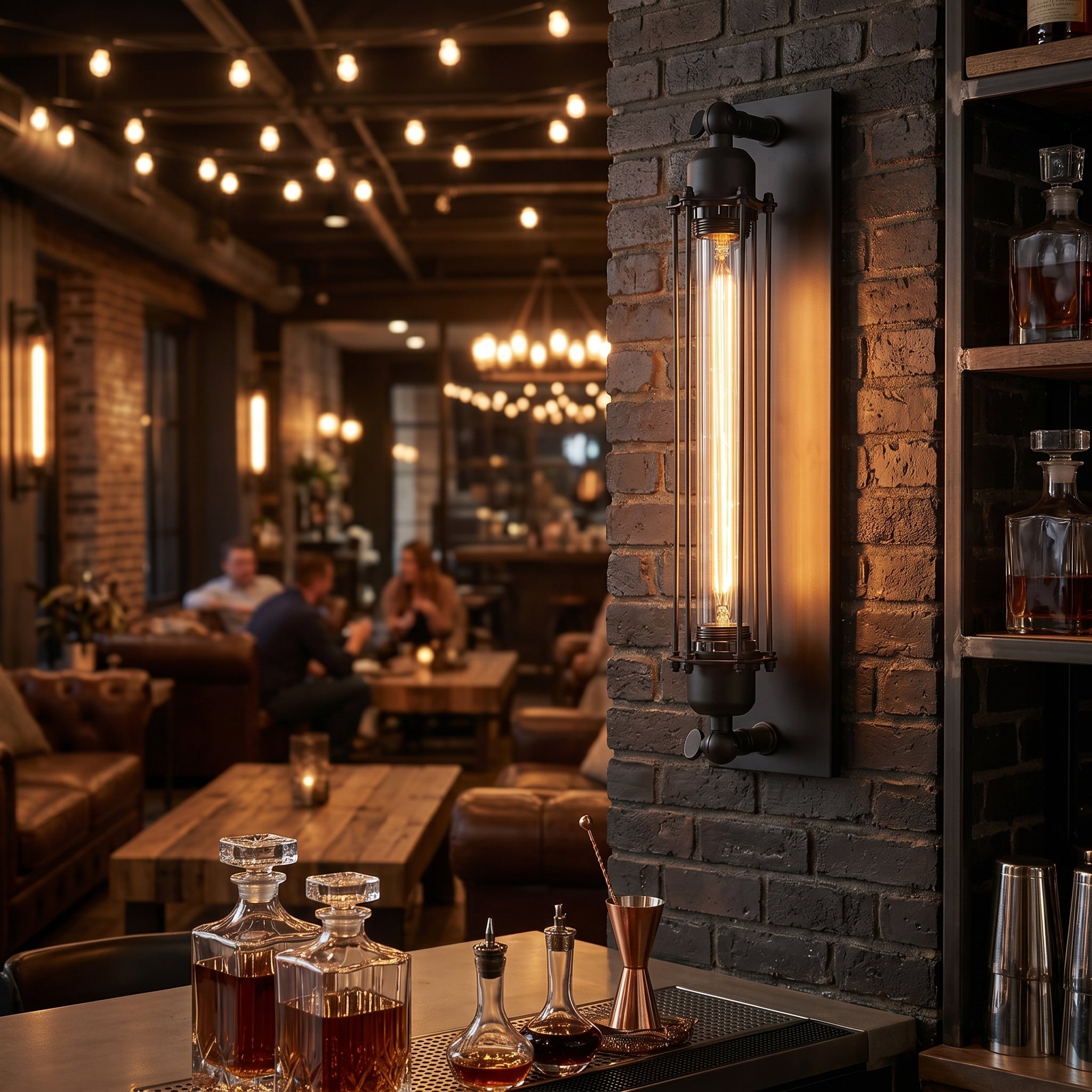 Ferro Antico Edison Wall Sconce on a brick wall in an industrial bar