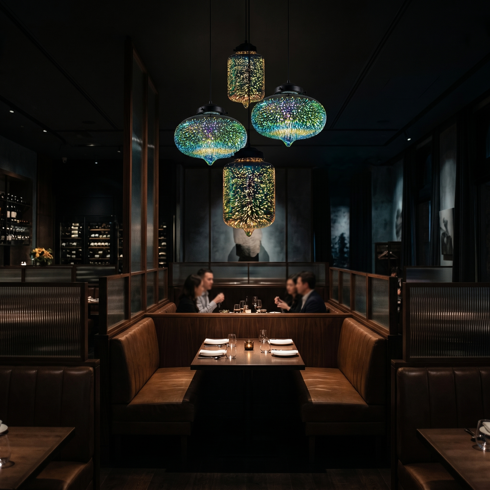 Notte Stellata pendants glowing in a dim restaurant booth
