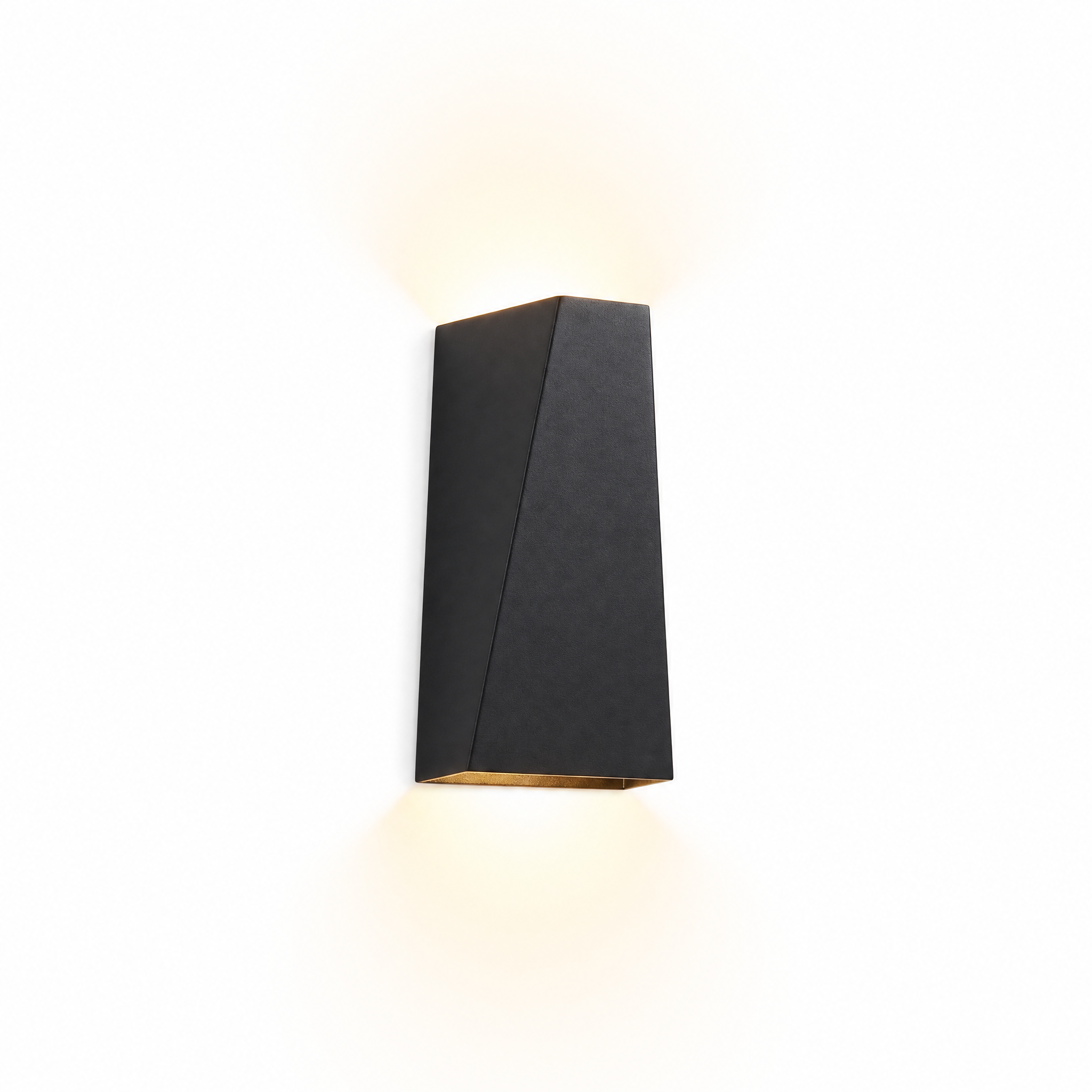 Faccetta Aurora black geometric up down wall sconce switched on, studio white background