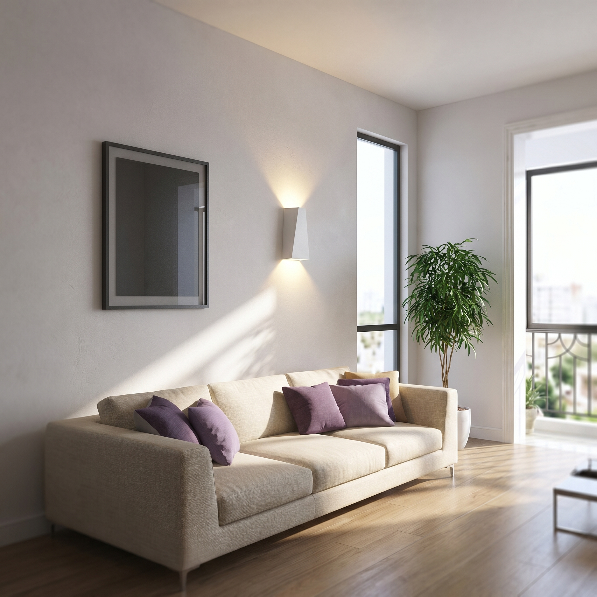 Faccetta Aurora white up down wall sconce glowing in a modern living room