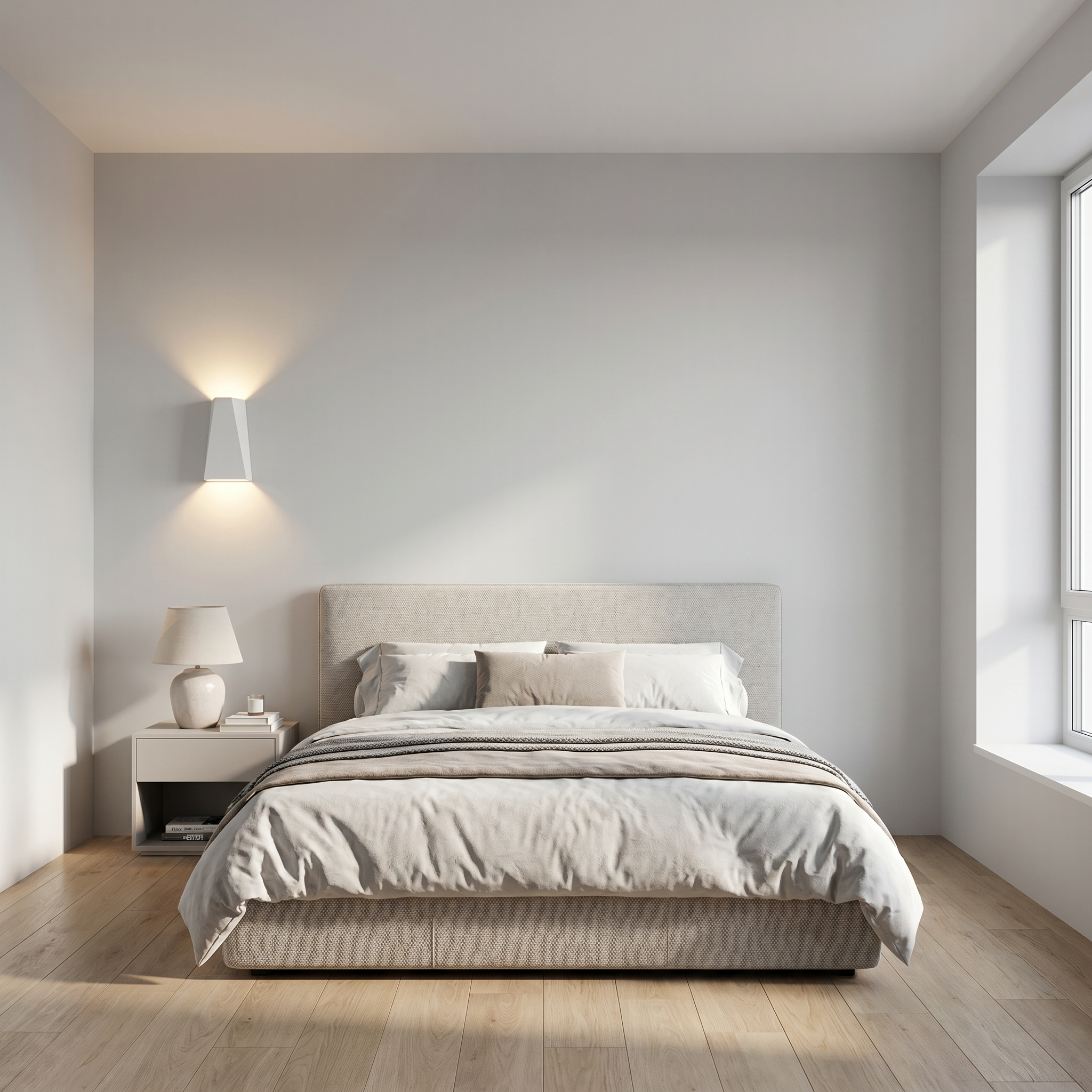 Faccetta Aurora white wall sconce beside a bed casting warm up and down light
