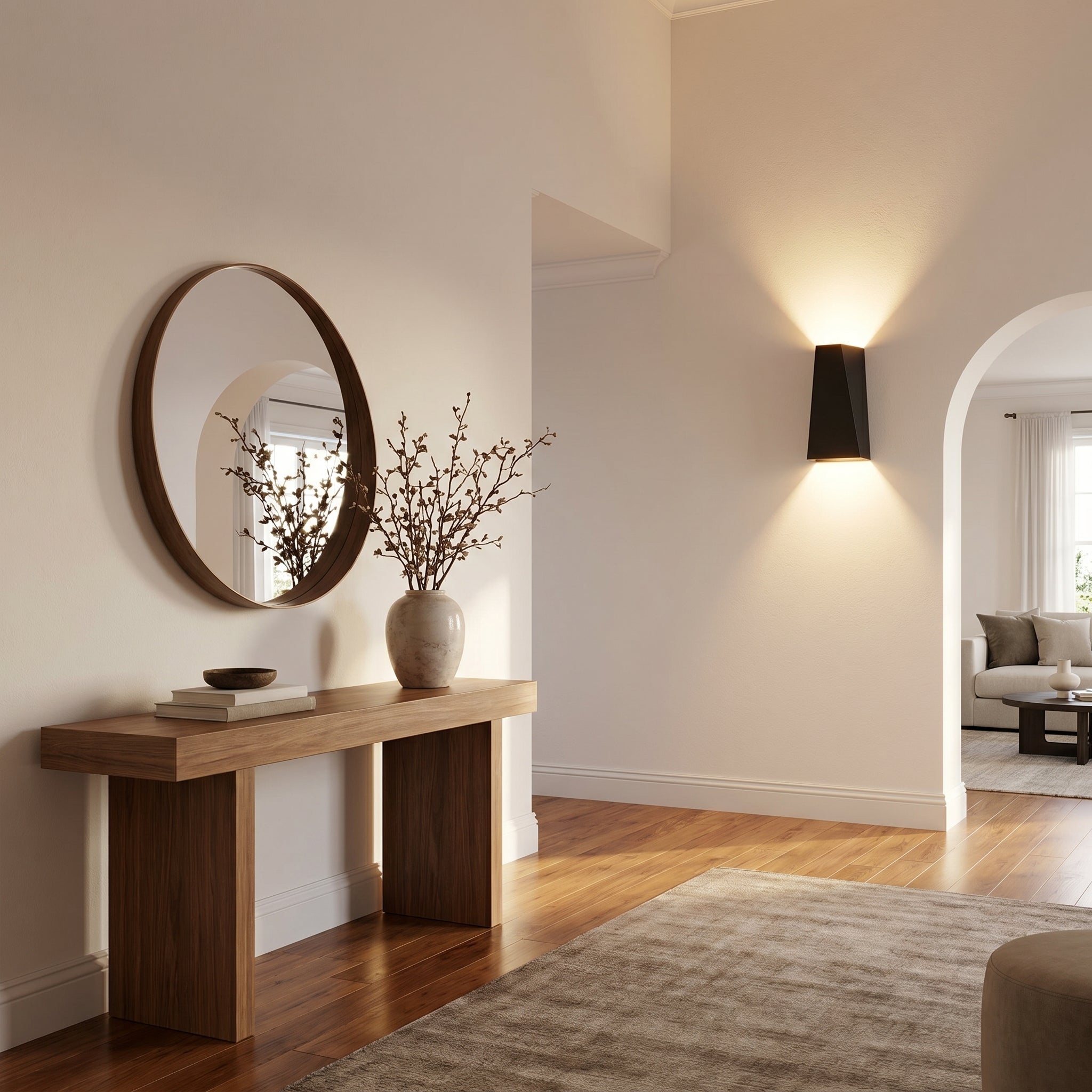 Faccetta Aurora black wall sconce in an elegant entryway with warm up down glow