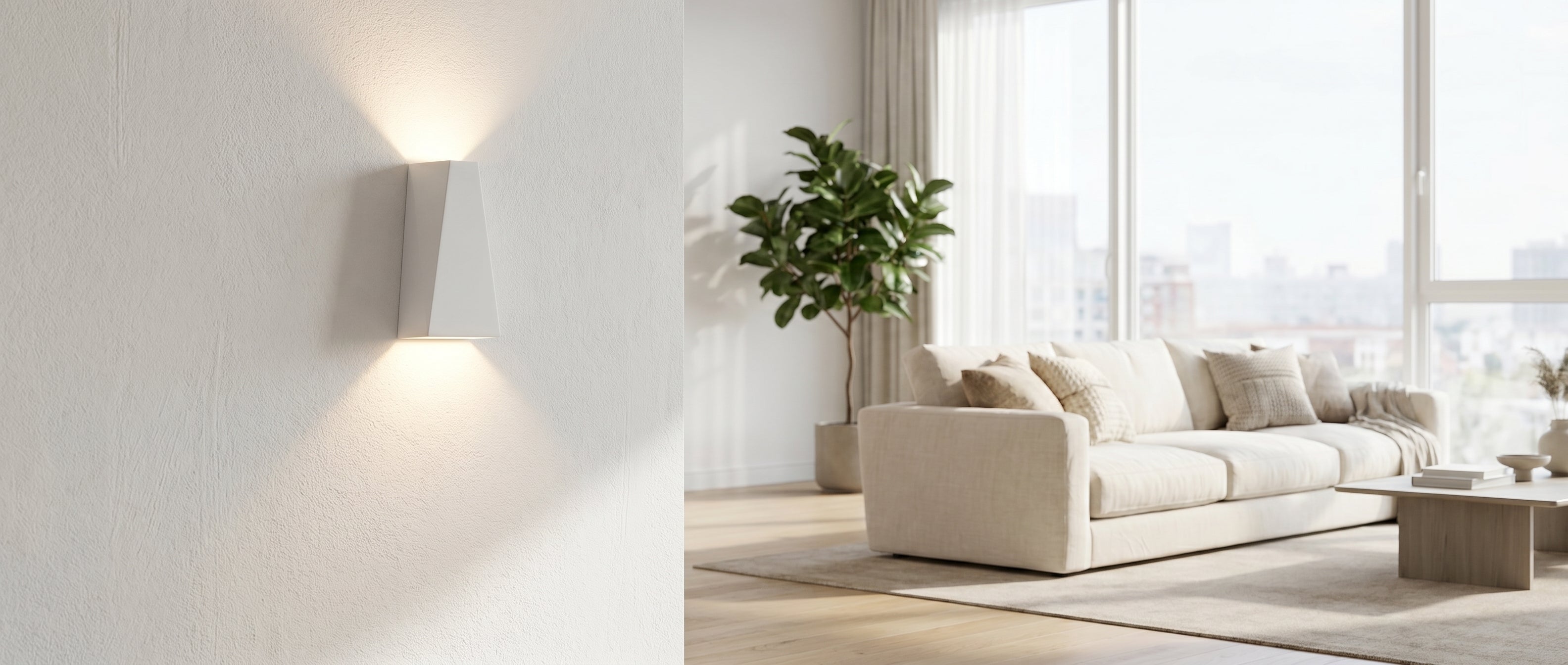 Faccetta Aurora up down wall sconce glowing on a feature wall in a modern living room