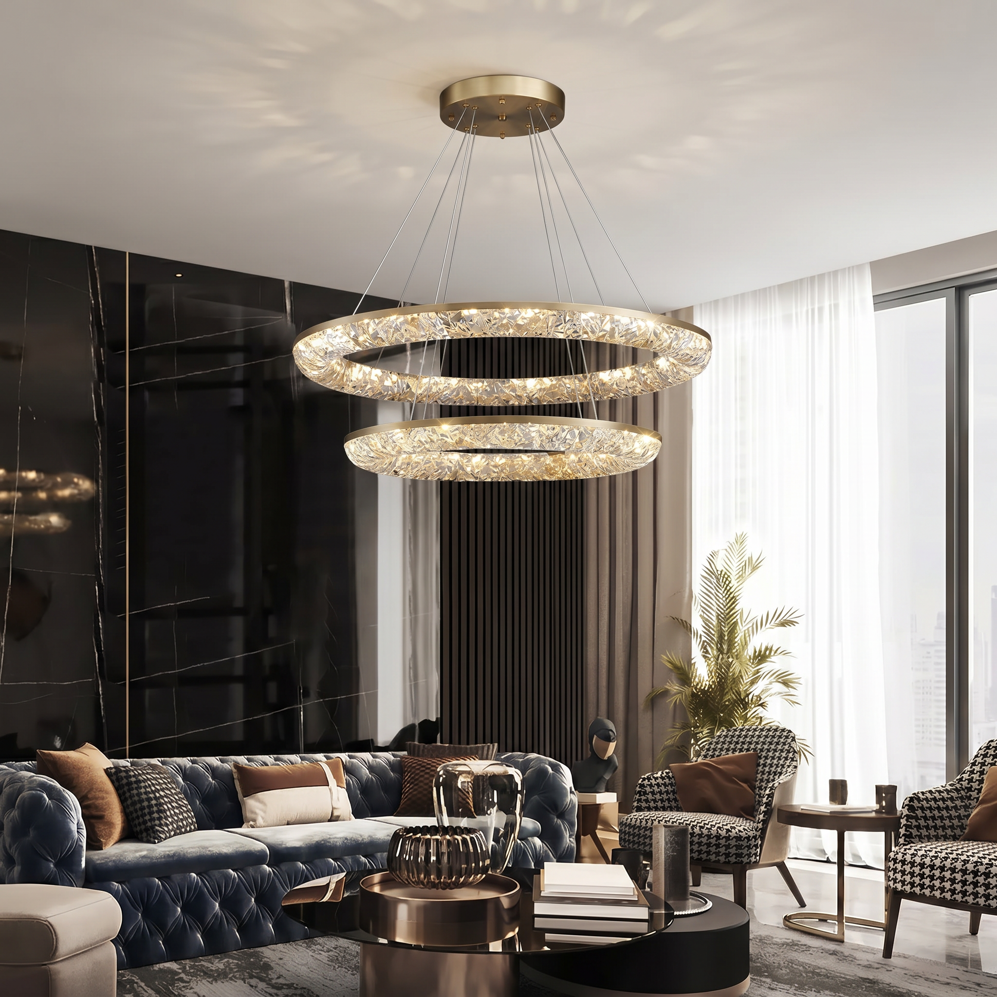 Stella Lucente gold crystal ring chandelier in a luxury living room