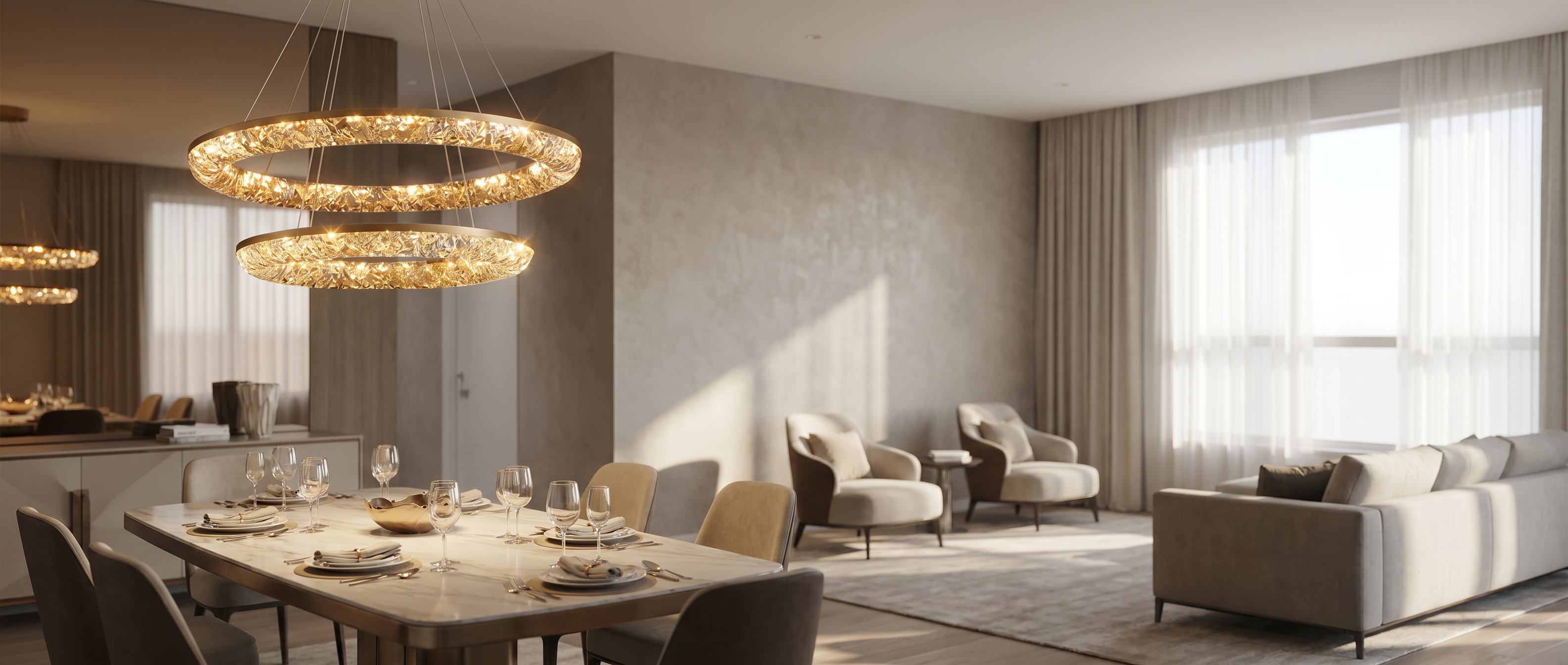 Stella Lucente gold crystal ring chandelier glowing over a dining table in a luxury living-dining room