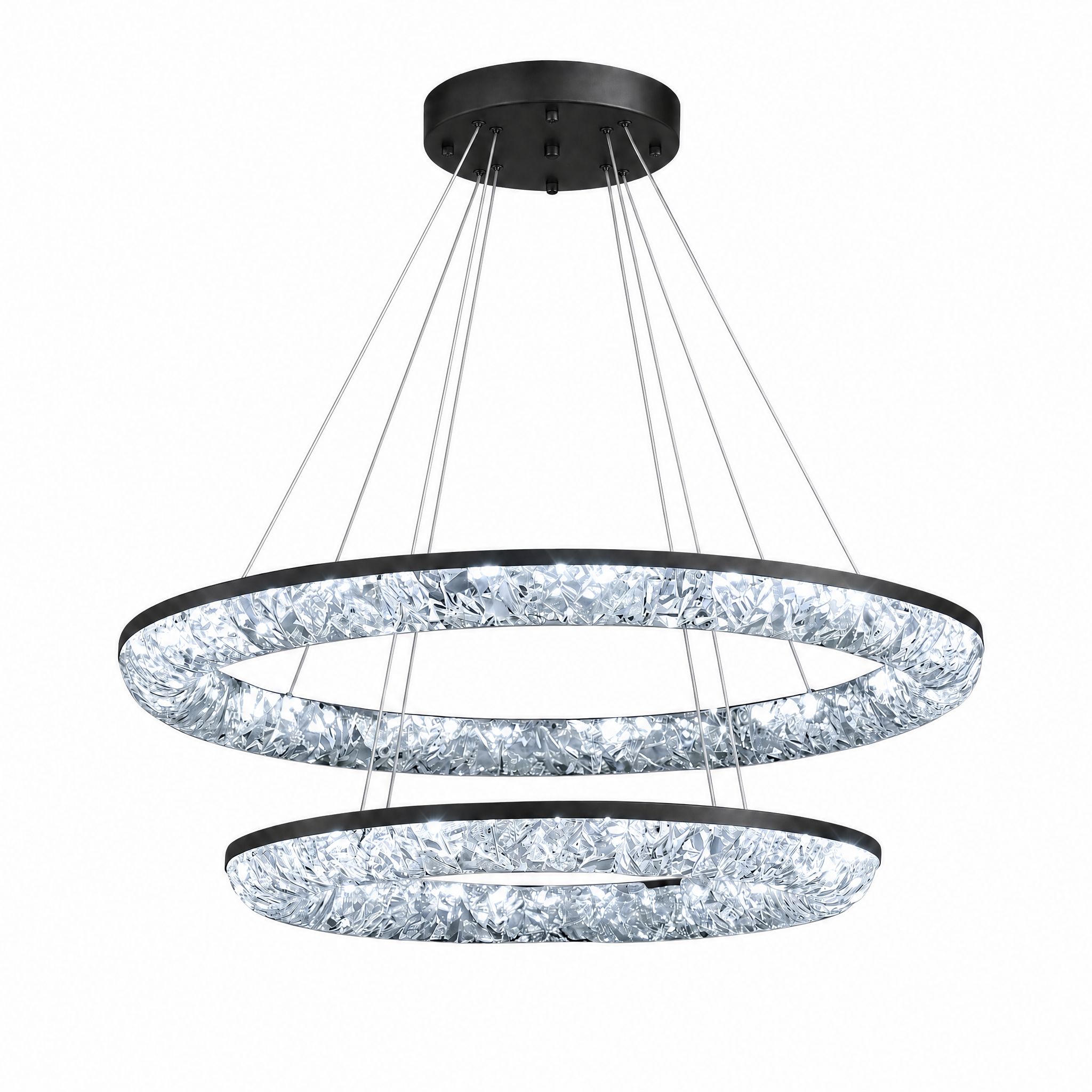 Matte black crystal ring chandelier cool white light, studio white background