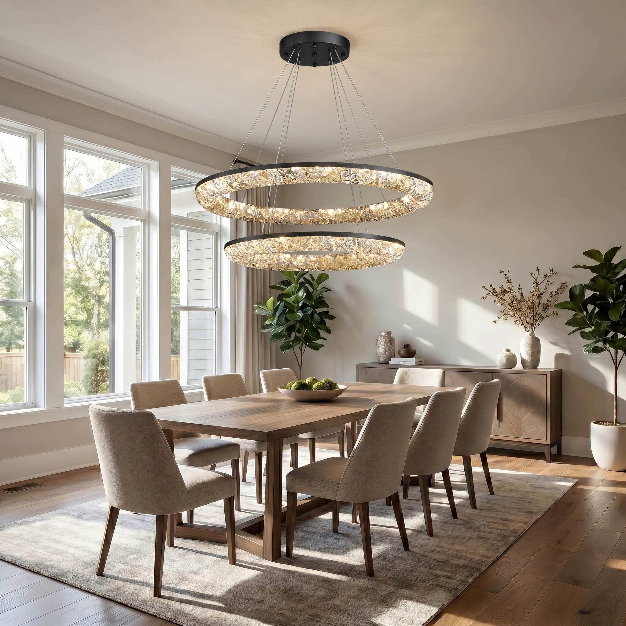 Stella Lucente matte black crystal ring chandelier over a modern dining table