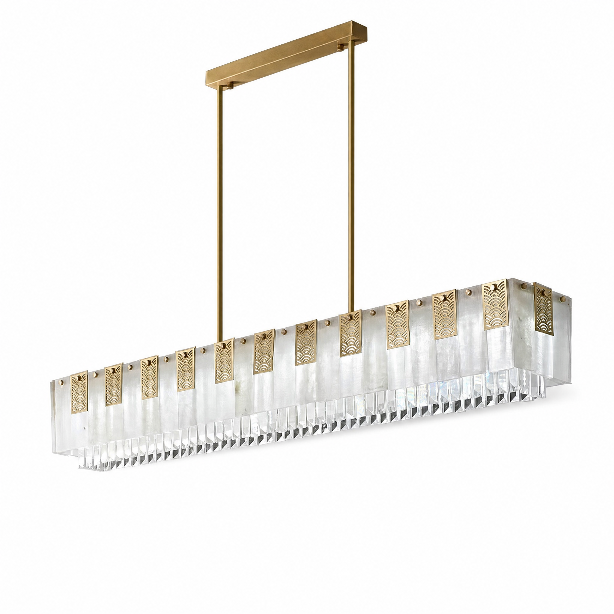 Rectangular gold crystal bar pendant cool white light, studio white background