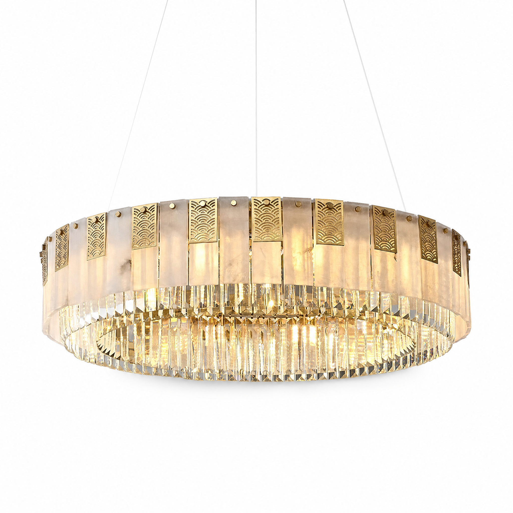 Round gold crystal pendant warm light, studio white background