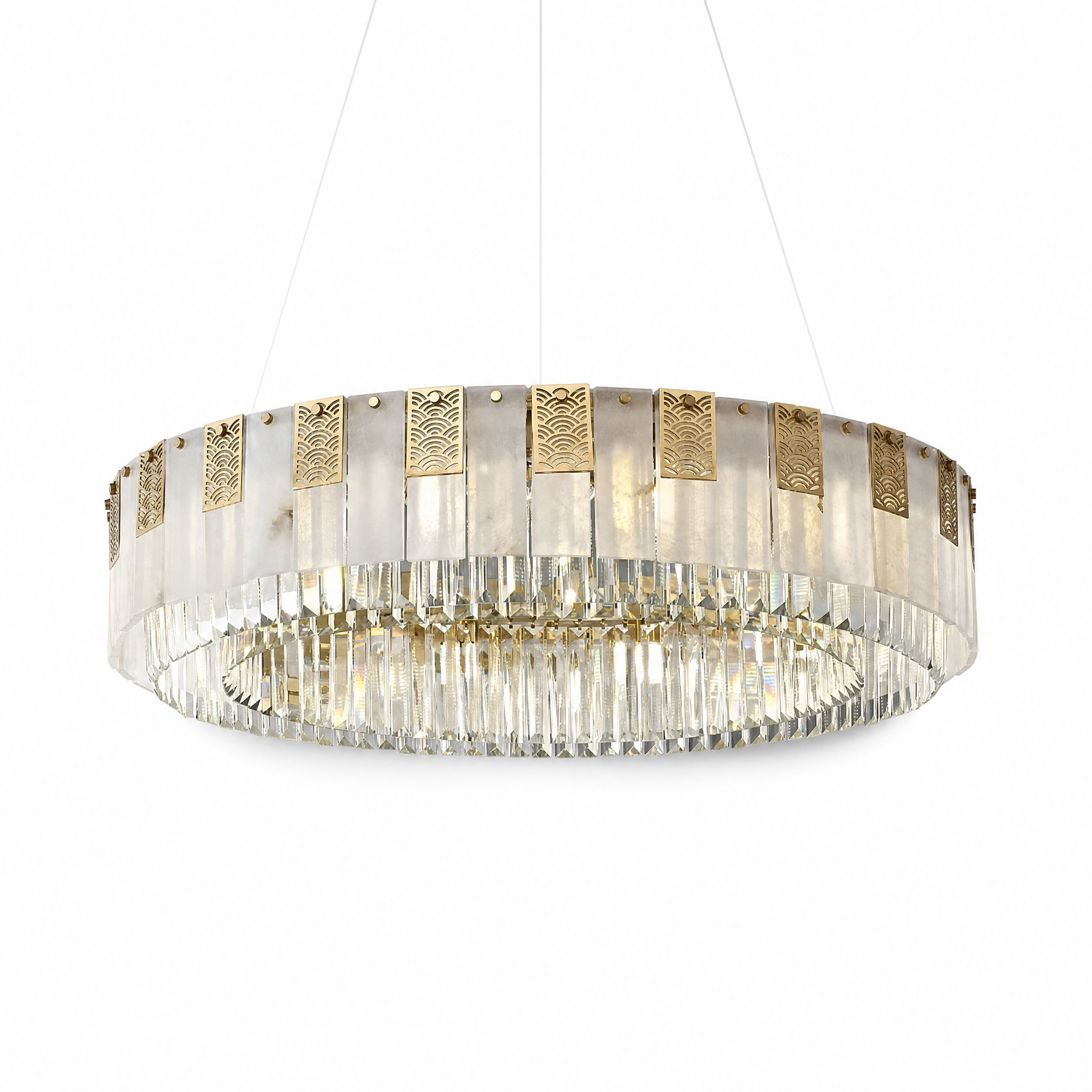 Round gold crystal pendant neutral light, studio white background