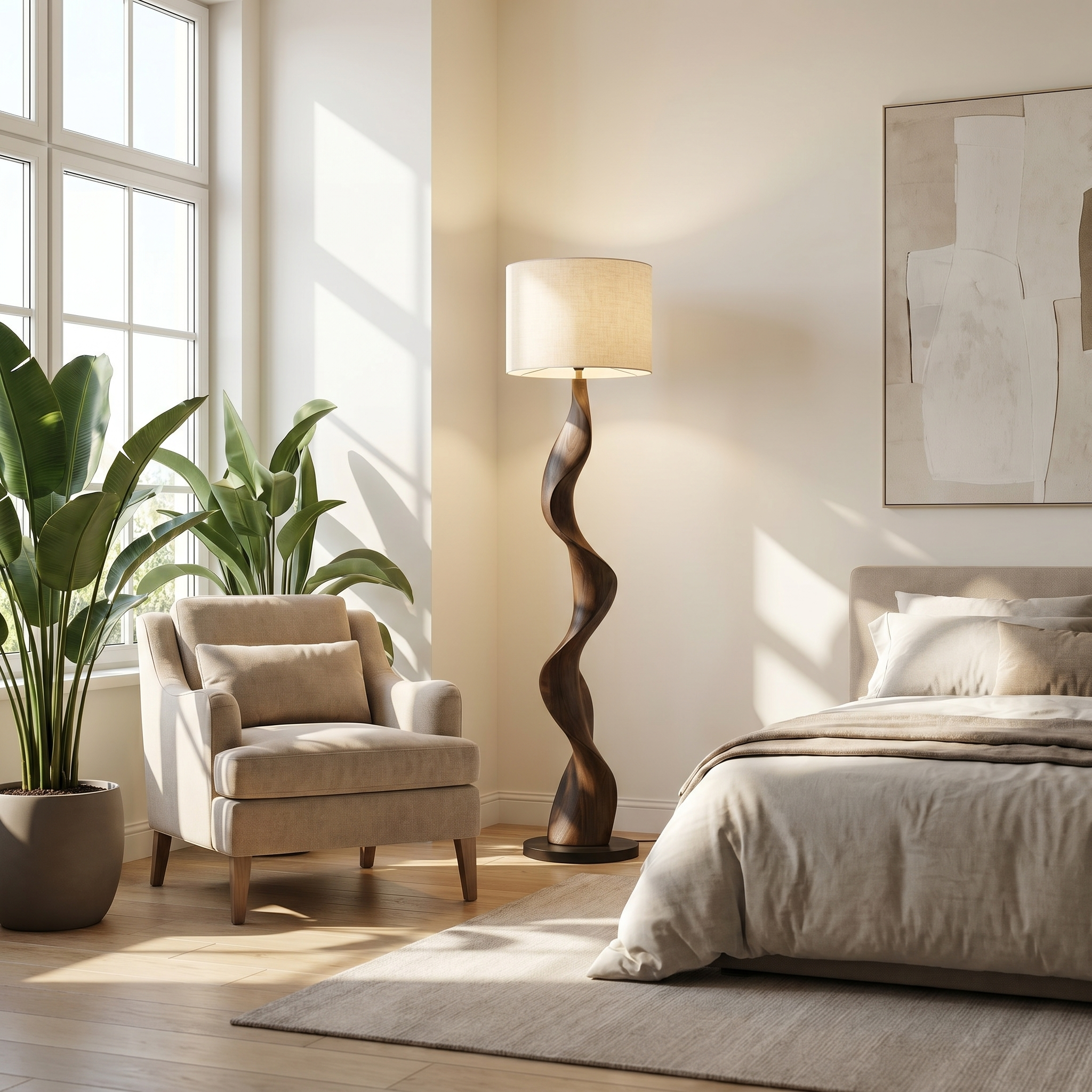 Selva Dorata sculptural wood floor lamp serpentine design in a bright bedroom corner