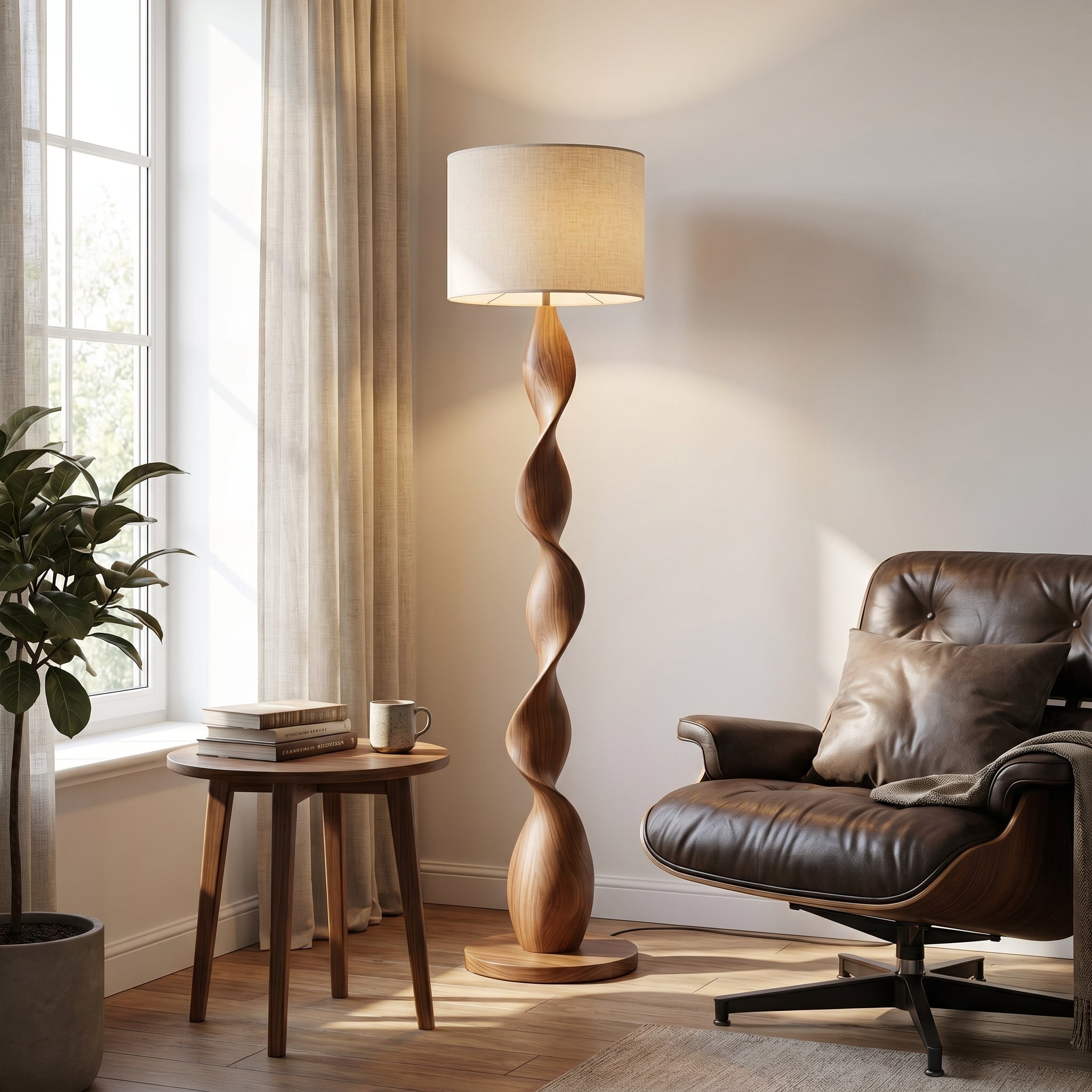 Selva Dorata sculptural wood floor lamp spiral design in a cozy reading nook