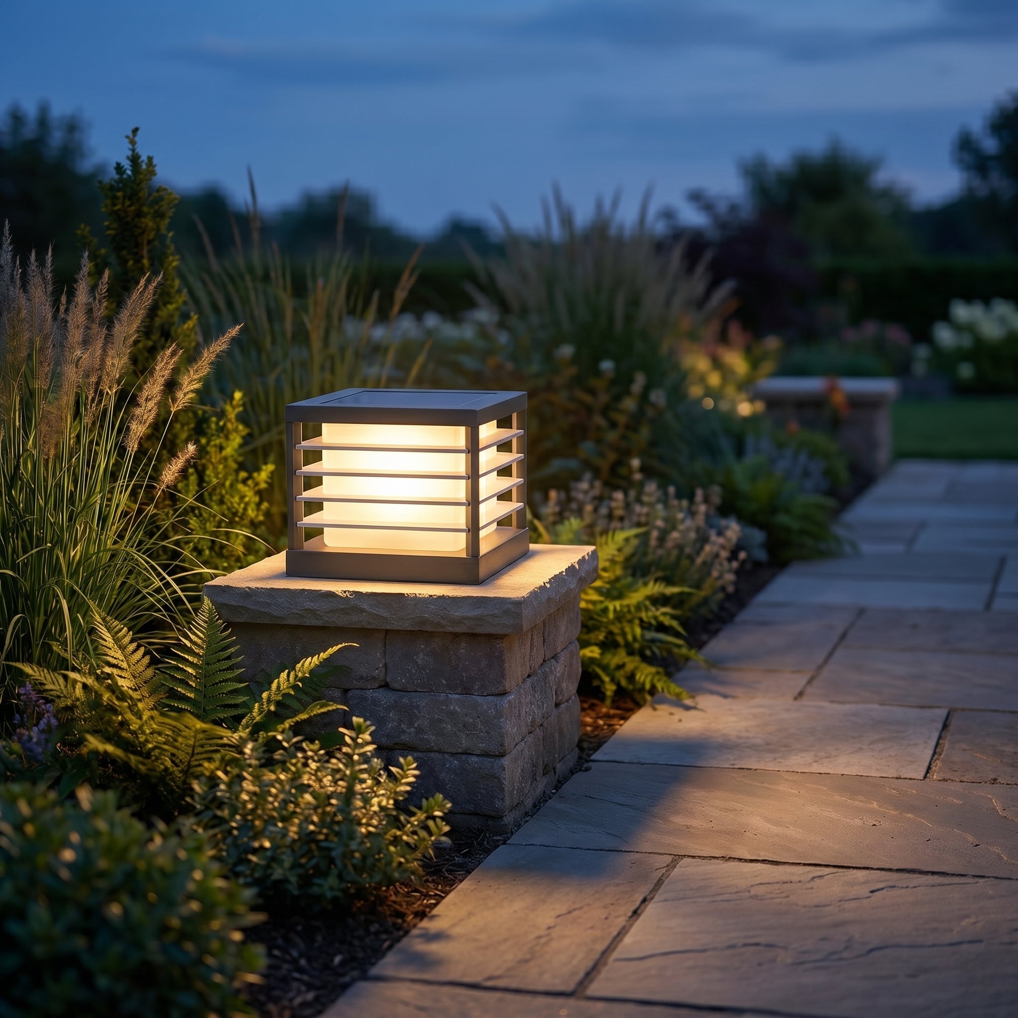 Sera Dorata solar pillar light louvered lantern on a garden wall pillar at dusk