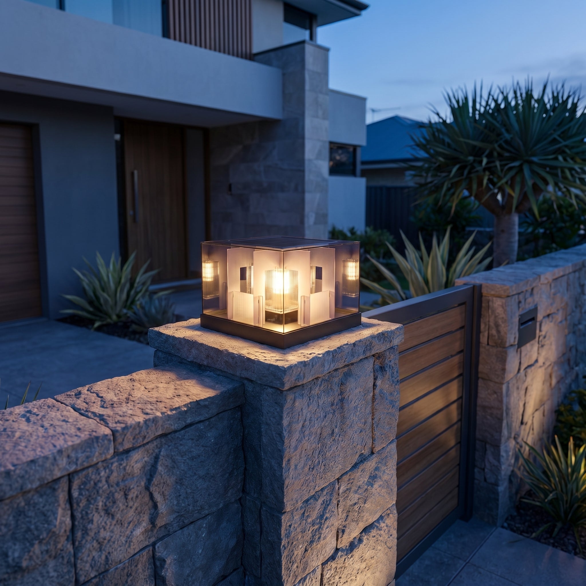 Sera Dorata solar pillar light glass lantern on a stone gate pillar at twilight