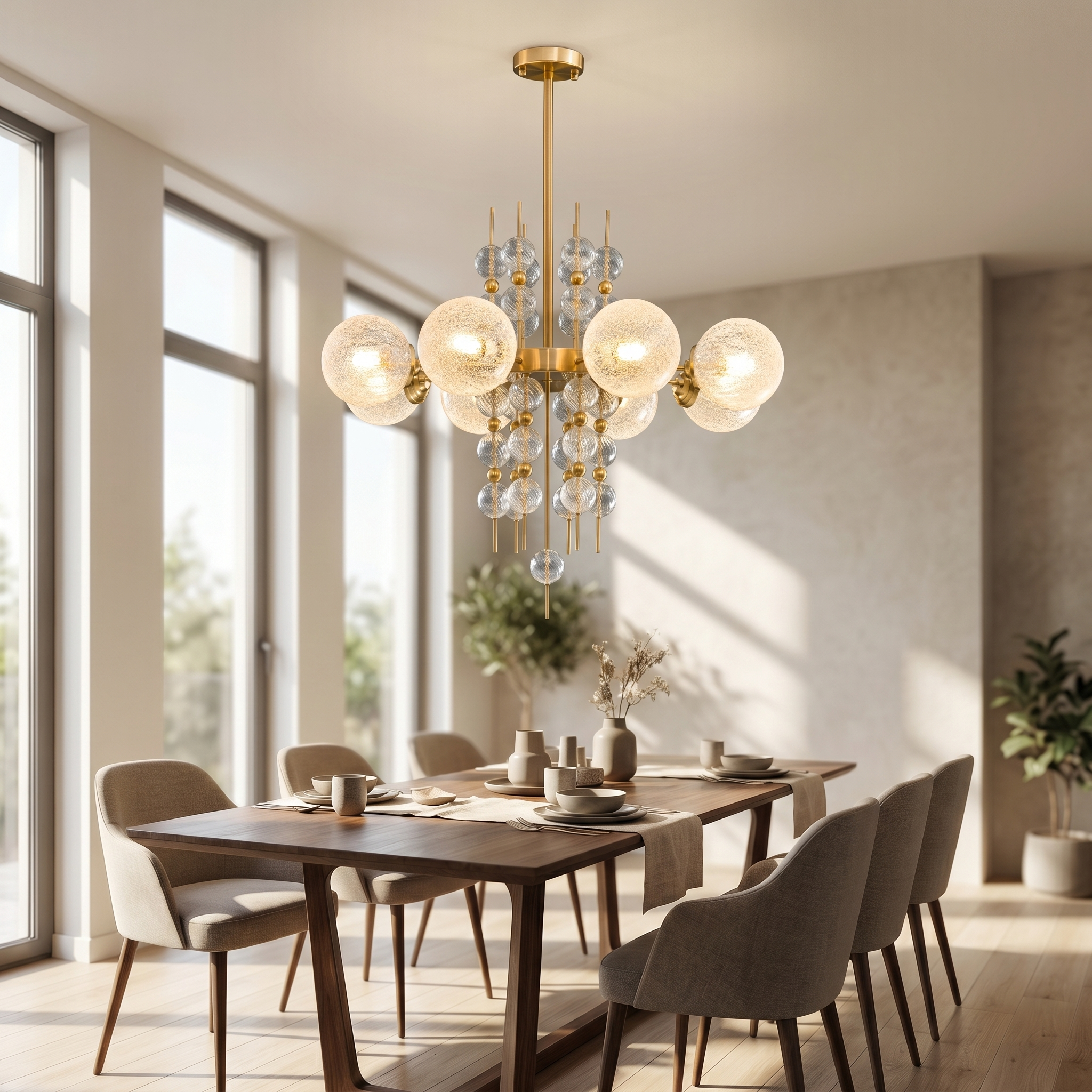Rugiada Lucente gold bubble chandelier over a bright dining table