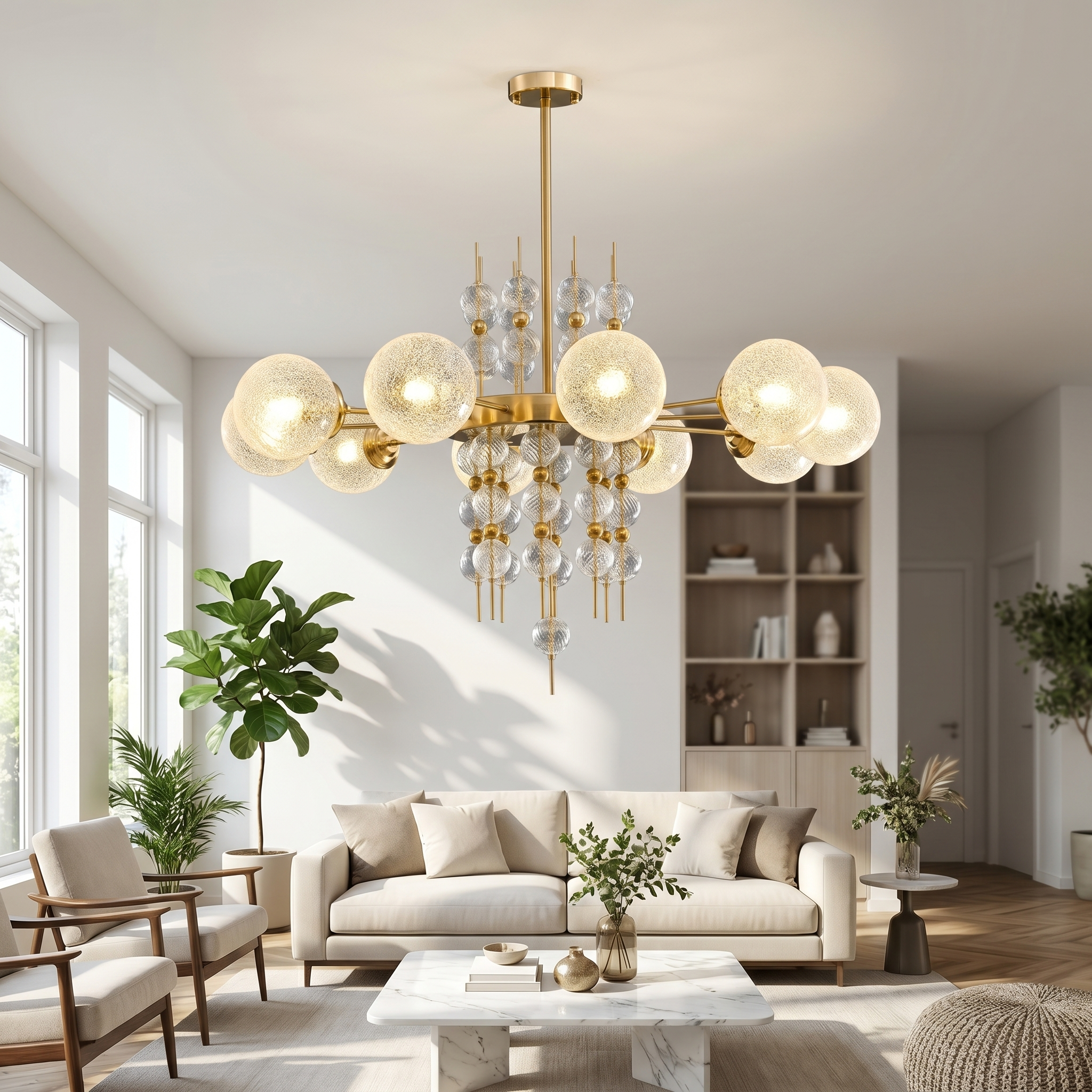 Rugiada Lucente gold bubble chandelier over a bright living room