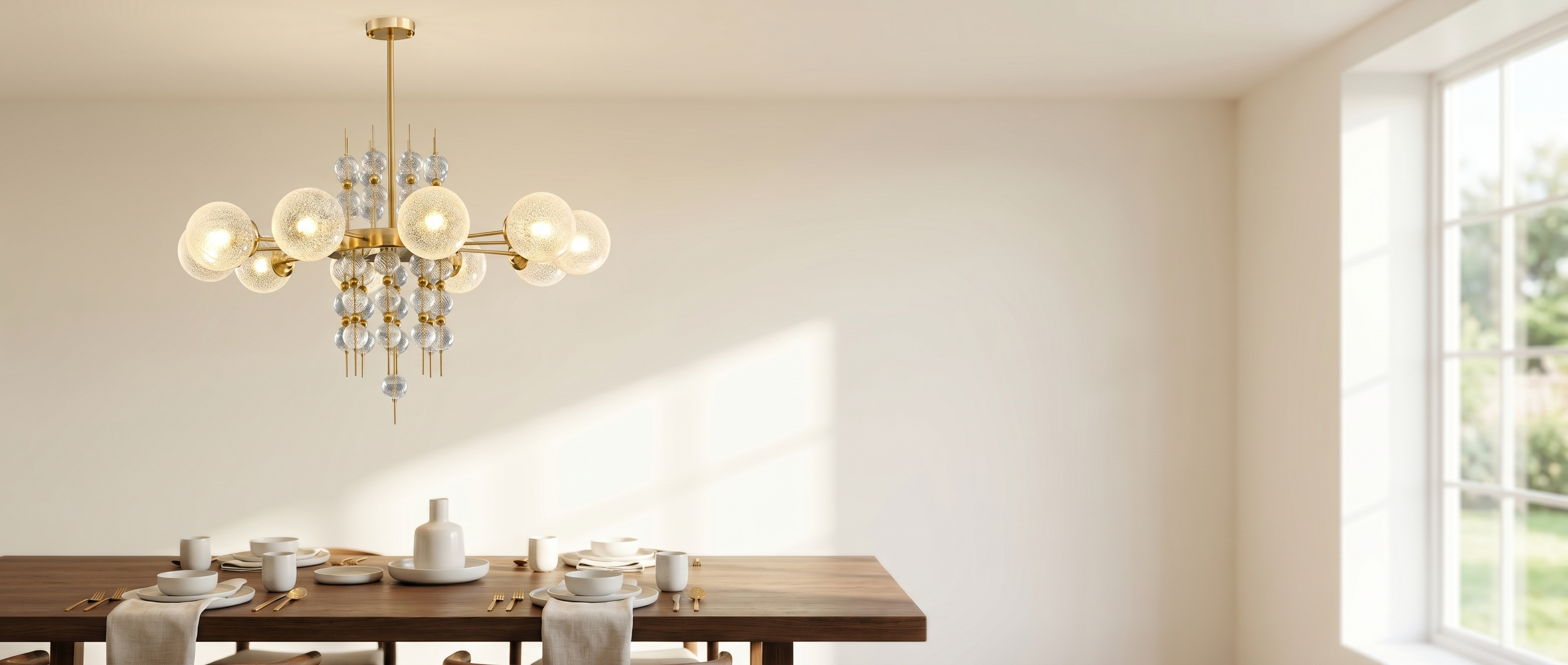 Rugiada Lucente gold bubble chandelier over a dining table in a bright room