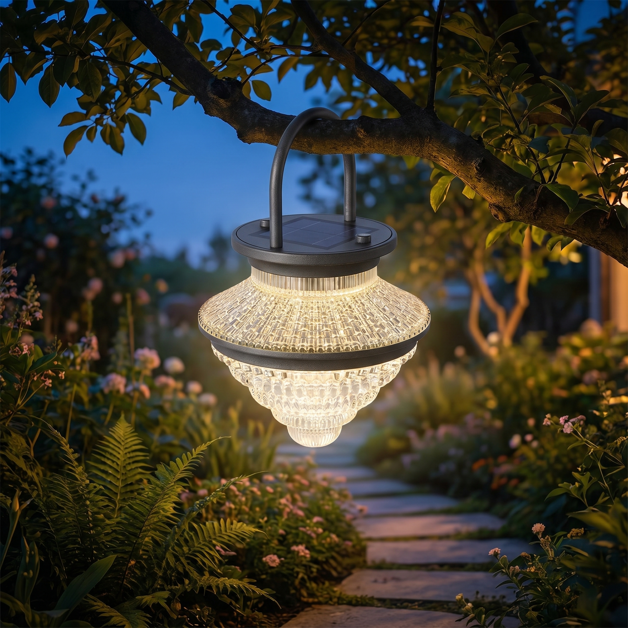 Bagliore Notturno solar lantern frosted dome hanging from a garden tree at twilight