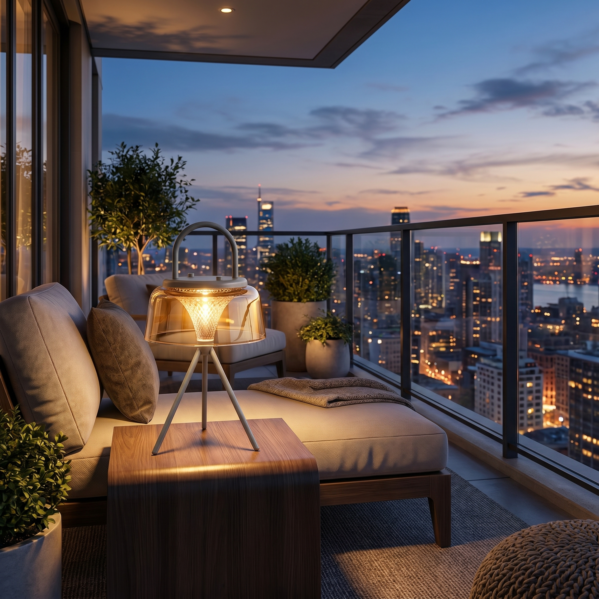 Bagliore Notturno solar lantern on its tripod as a table lamp on a balcony at dusk