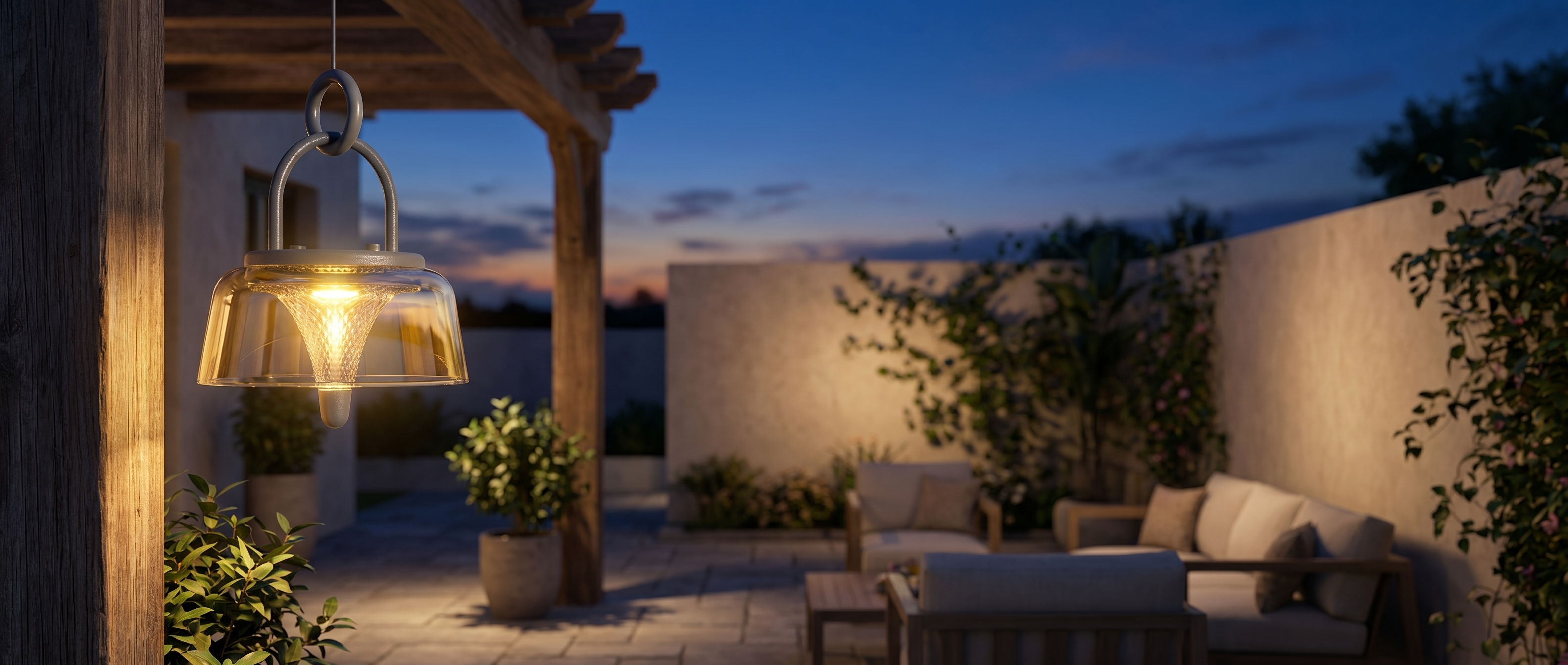 Bagliore Notturno solar lantern glowing on a pergola over a twilight patio