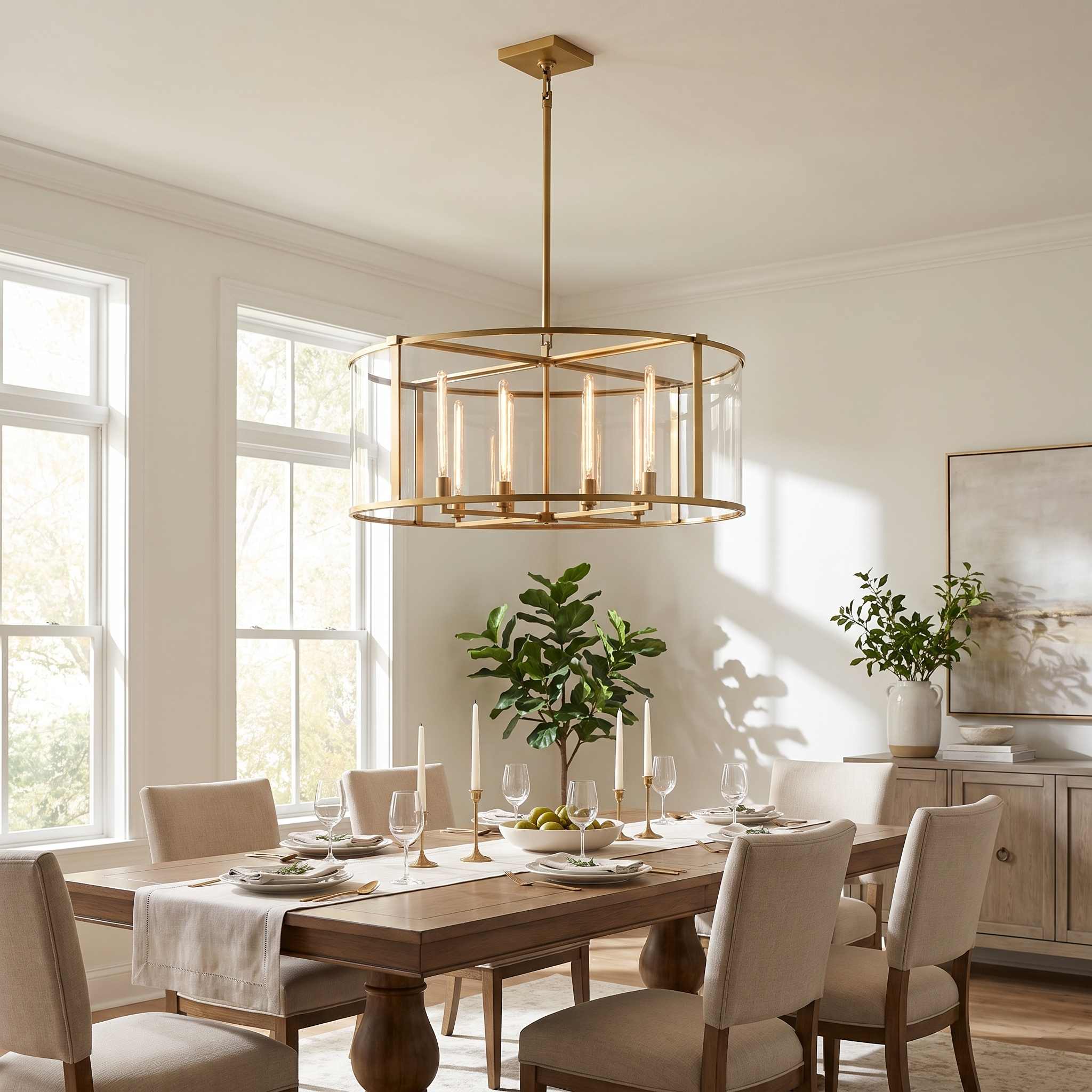 Voliera Lucente brass round cage chandelier over a bright dining table