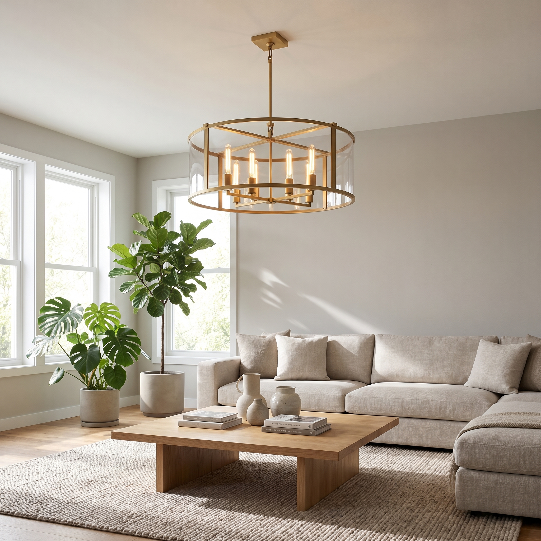 Voliera Lucente brass round cage chandelier in a bright living room