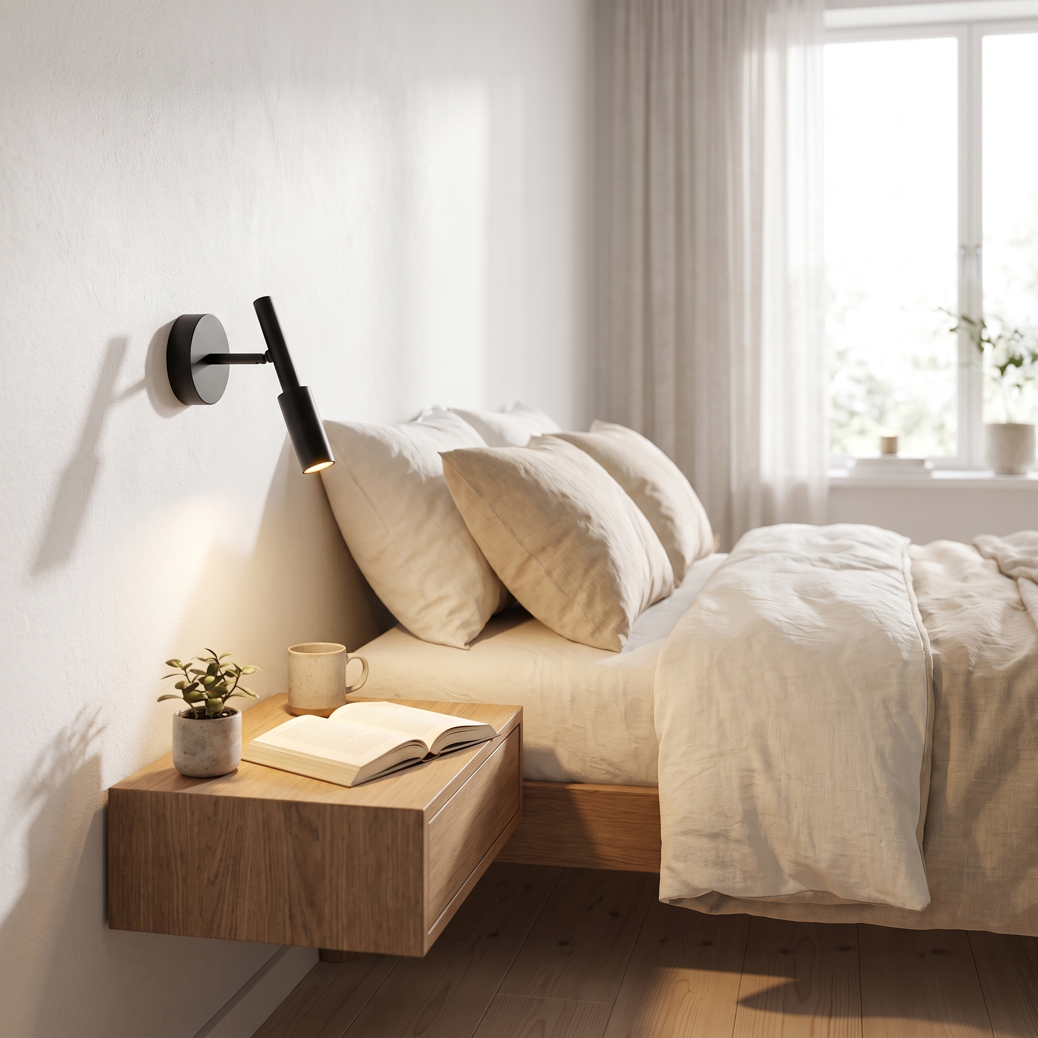 Veglia Soffusa black reading light beside a bed over a nightstand