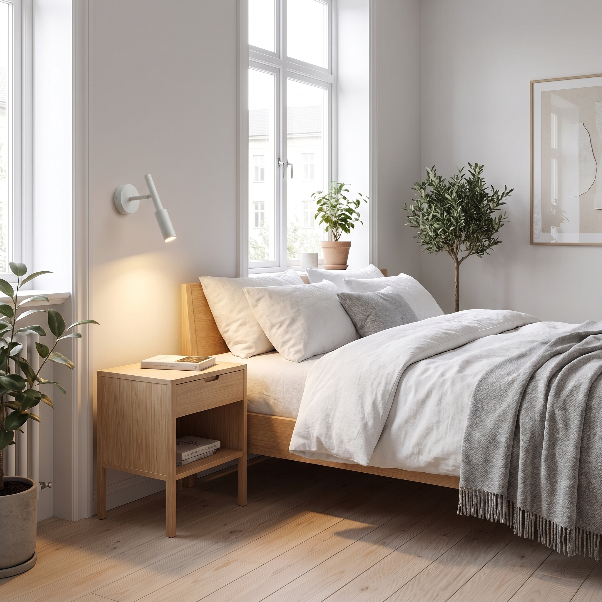 Veglia Soffusa white reading light in a bright Scandinavian bedroom
