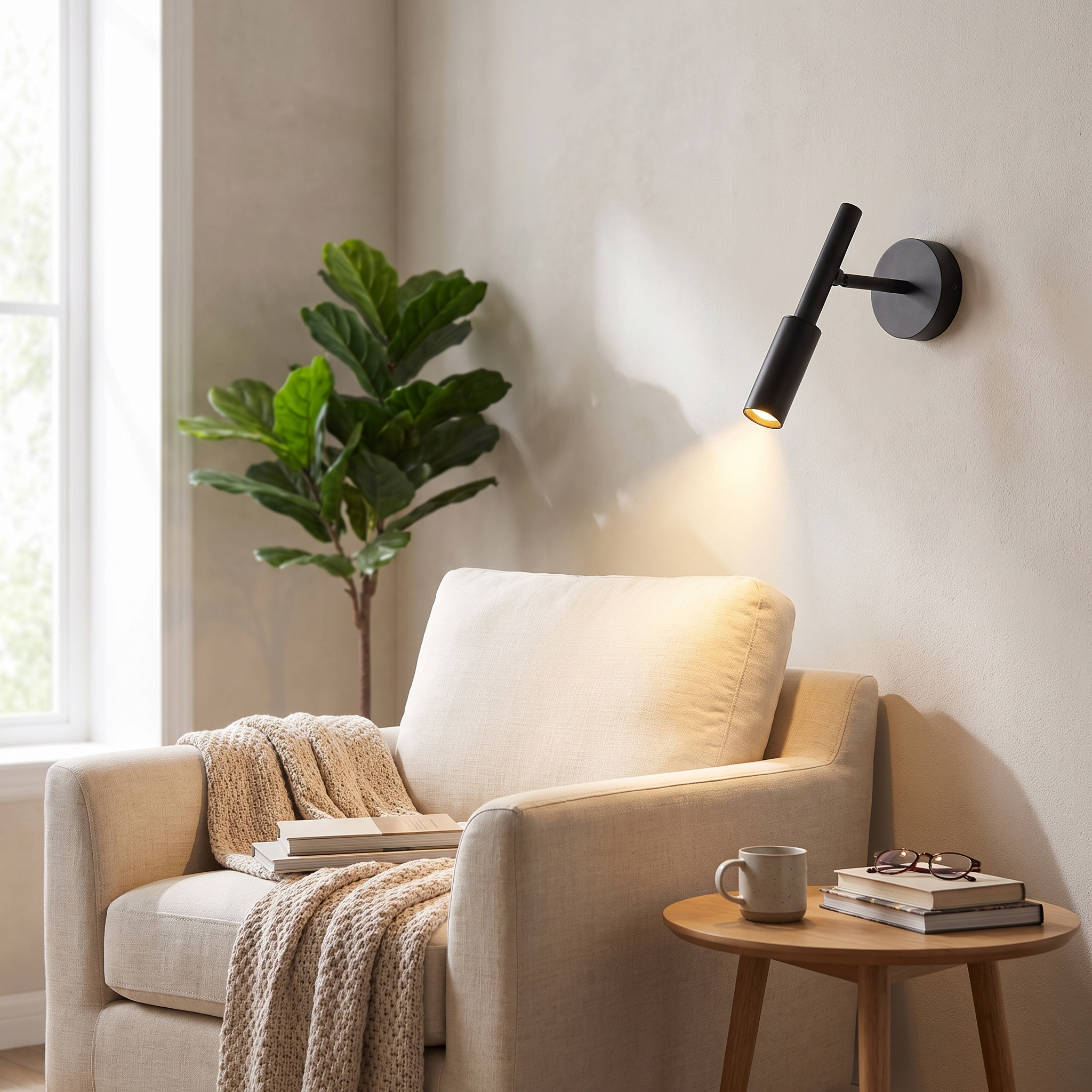 Veglia Soffusa black reading light beside a cozy armchair reading nook