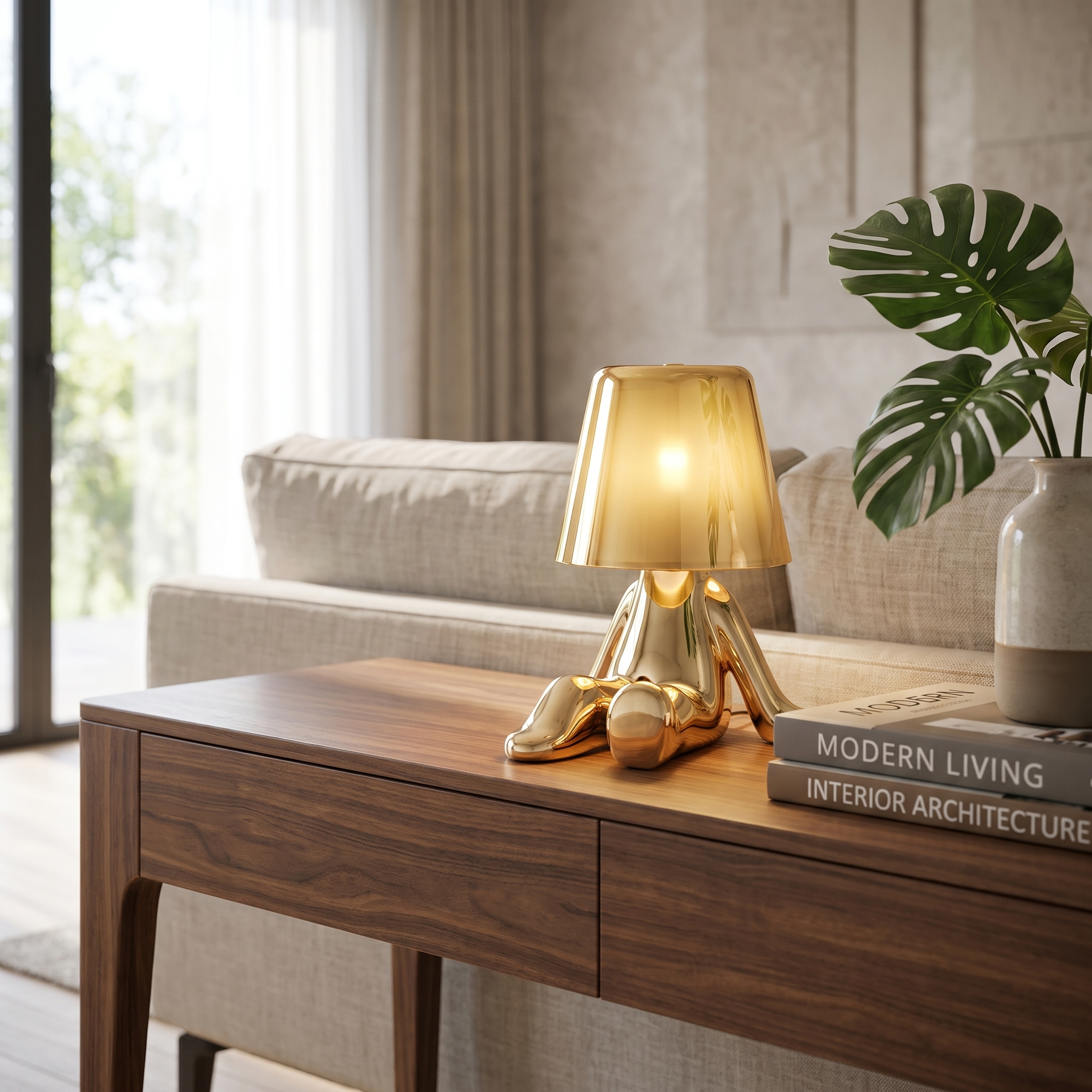 Gold sitting statue lamp on a console table in a modern living room