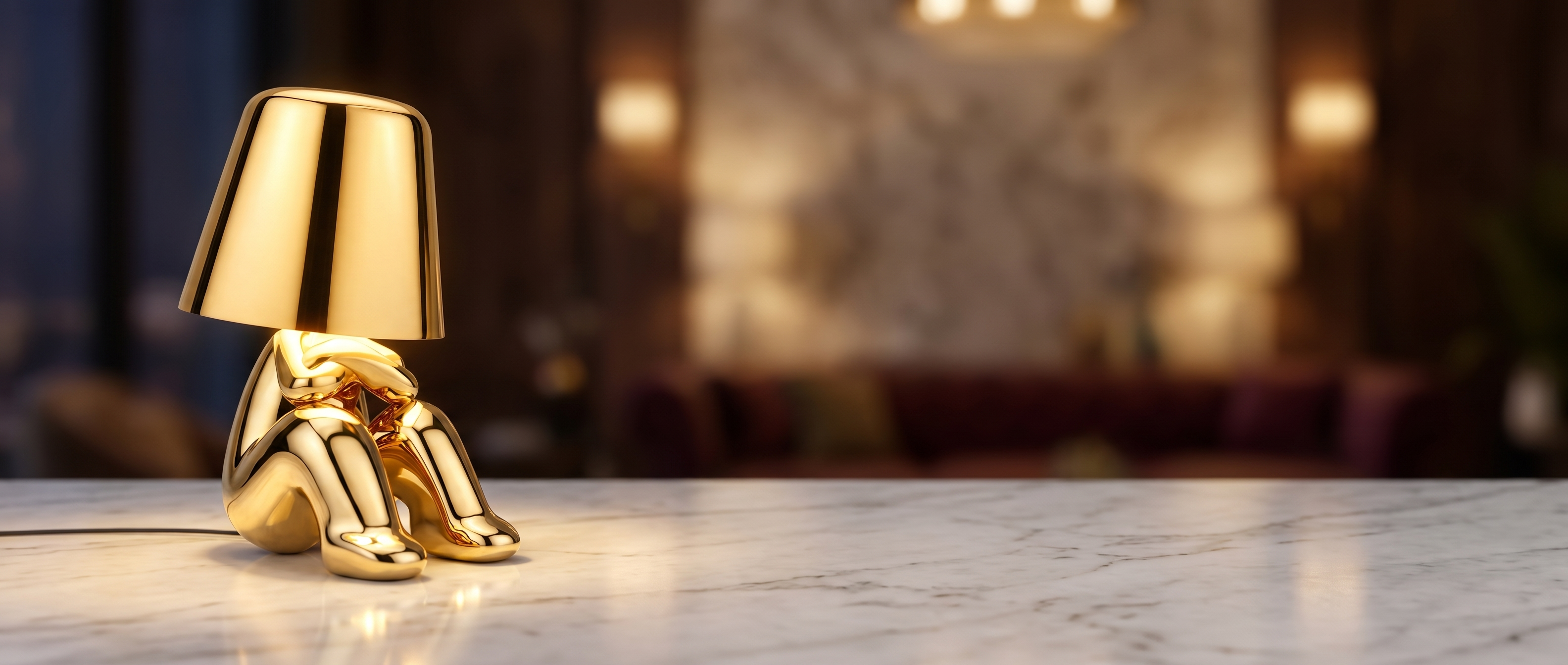Pensatore Aureo gold thinker statue lamp glowing in a warm luxury interior
