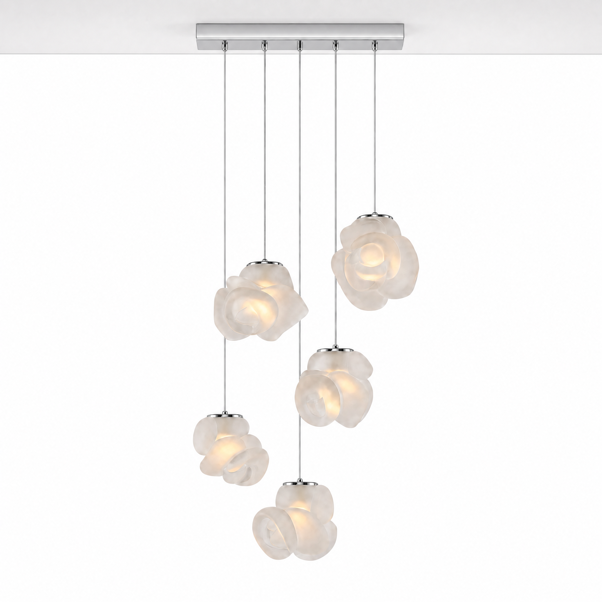 Nuvola Fiorita 5-bloom frosted glass chandelier chrome, ceiling mounted