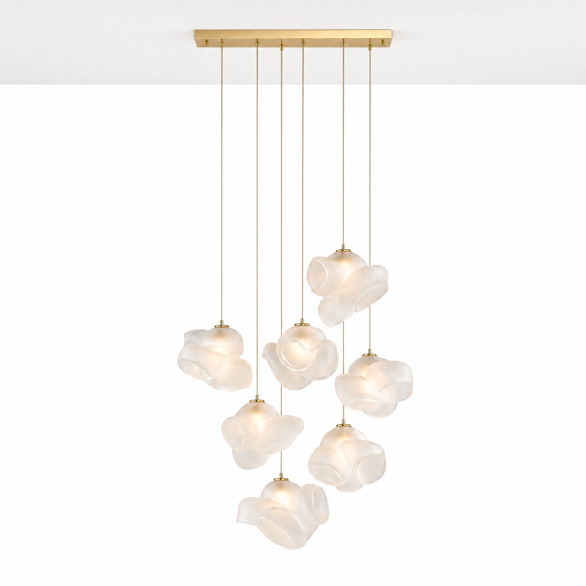Nuvola Fiorita 9-bloom frosted glass chandelier gold, ceiling mounted