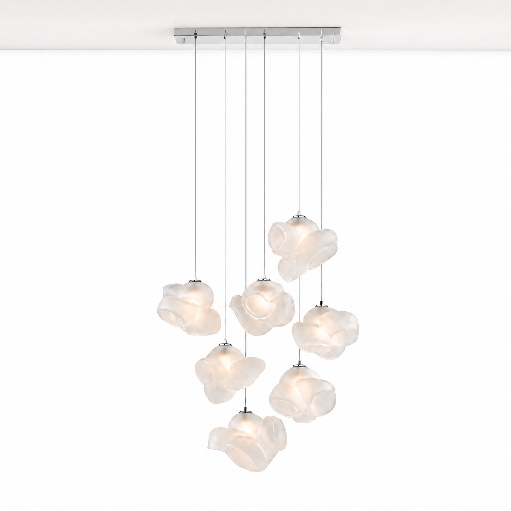 Nuvola Fiorita 9-bloom frosted glass chandelier chrome, ceiling mounted