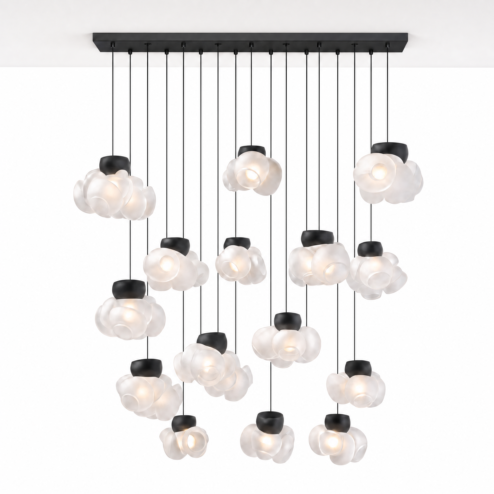Nuvola Fiorita 15-bloom frosted glass chandelier black, ceiling mounted