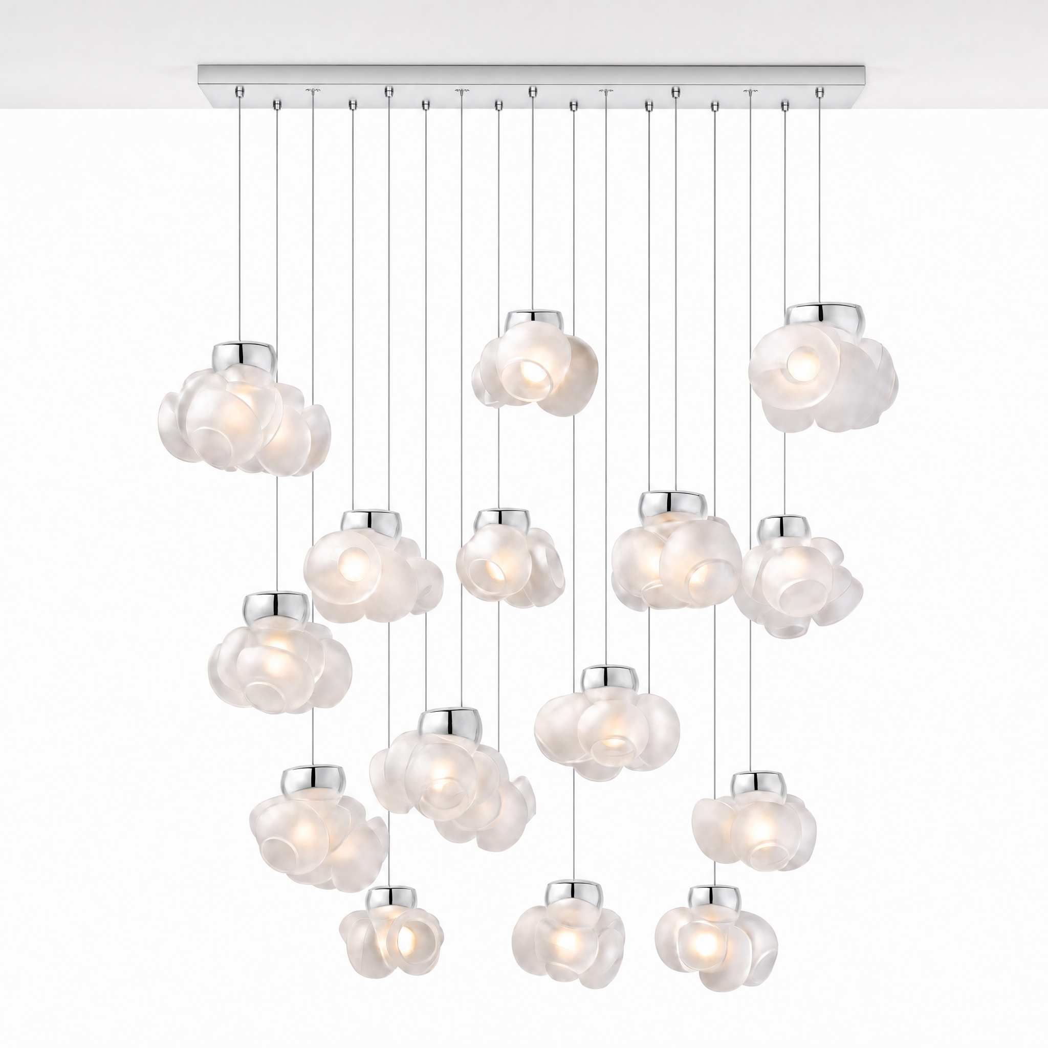 Nuvola Fiorita 15-bloom frosted glass chandelier chrome, ceiling mounted