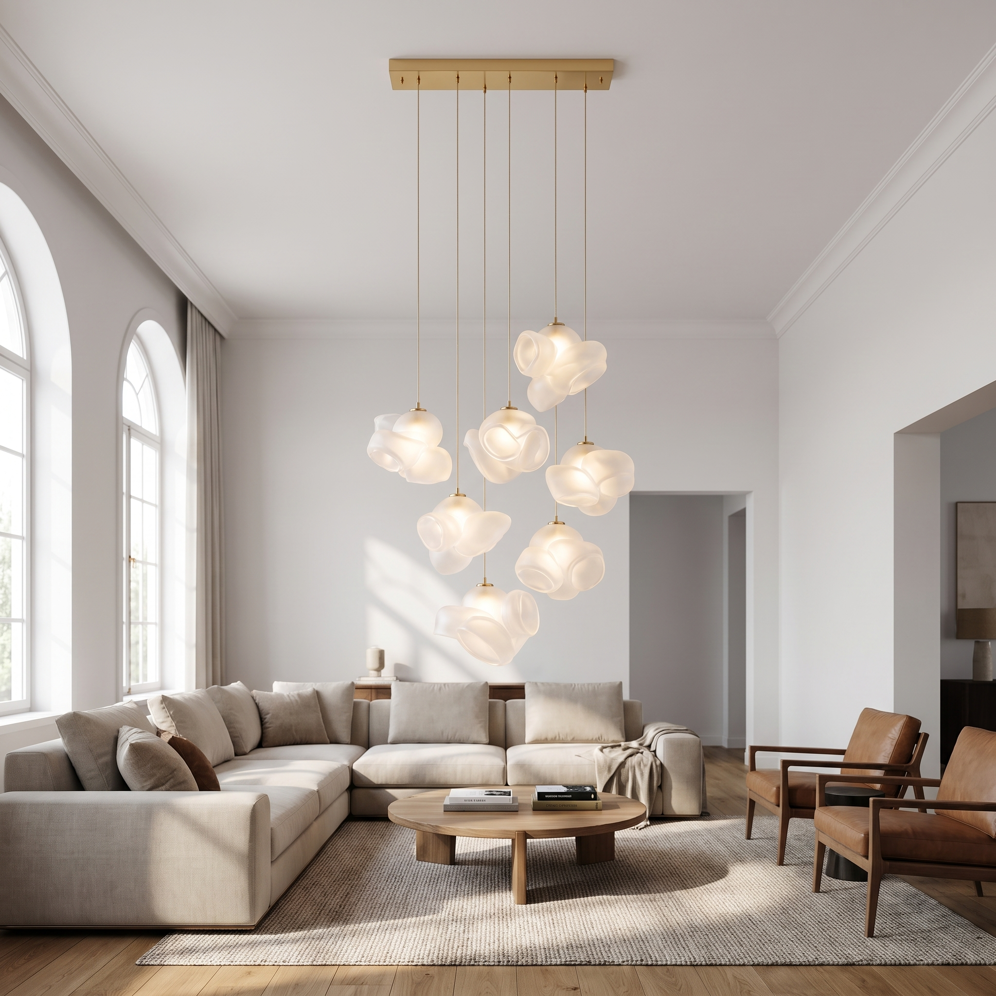 Frosted glass bloom chandelier mounted to the ceiling in a bright modern living room
