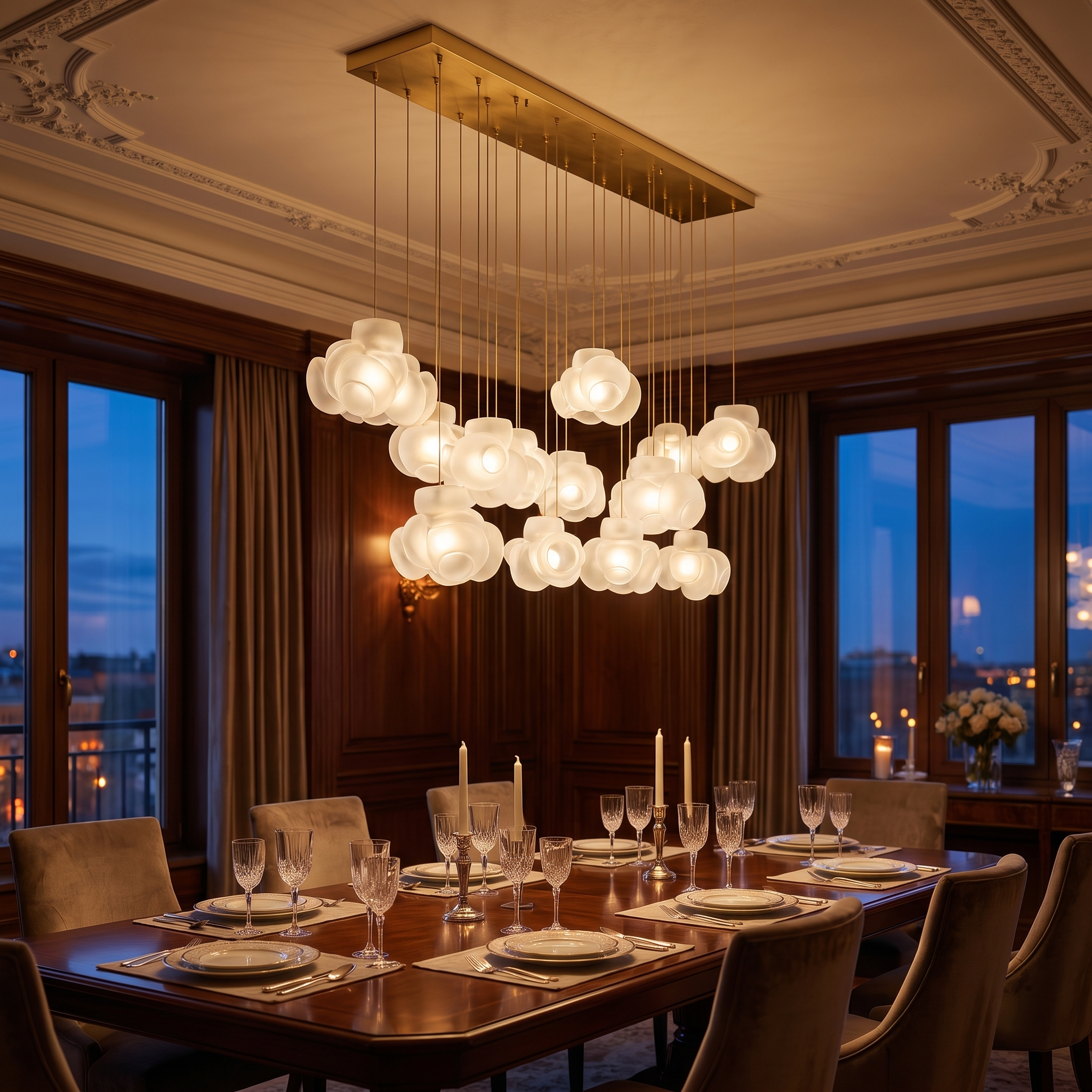 Frosted glass bloom chandelier mounted to the ceiling over an elegant dining table