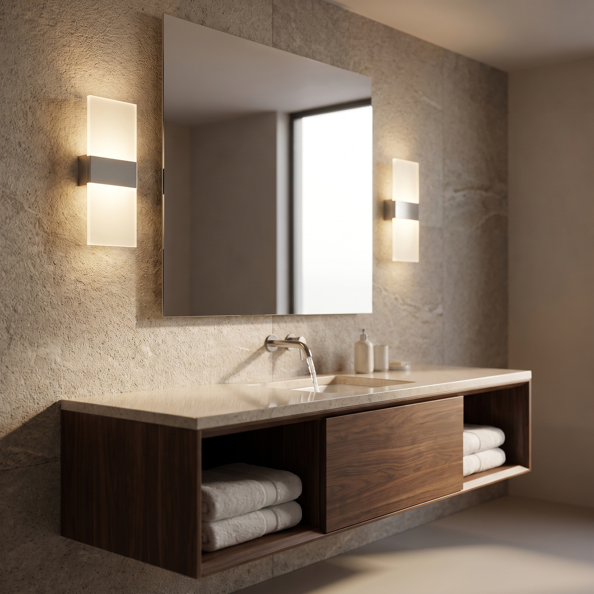Pair of silver acrylic wall sconces flanking a bathroom vanity mirror