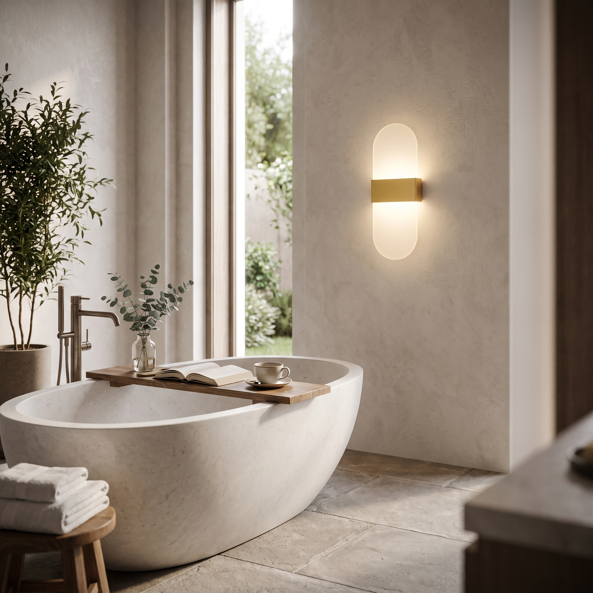 Round gold acrylic wall sconce beside a freestanding bathtub